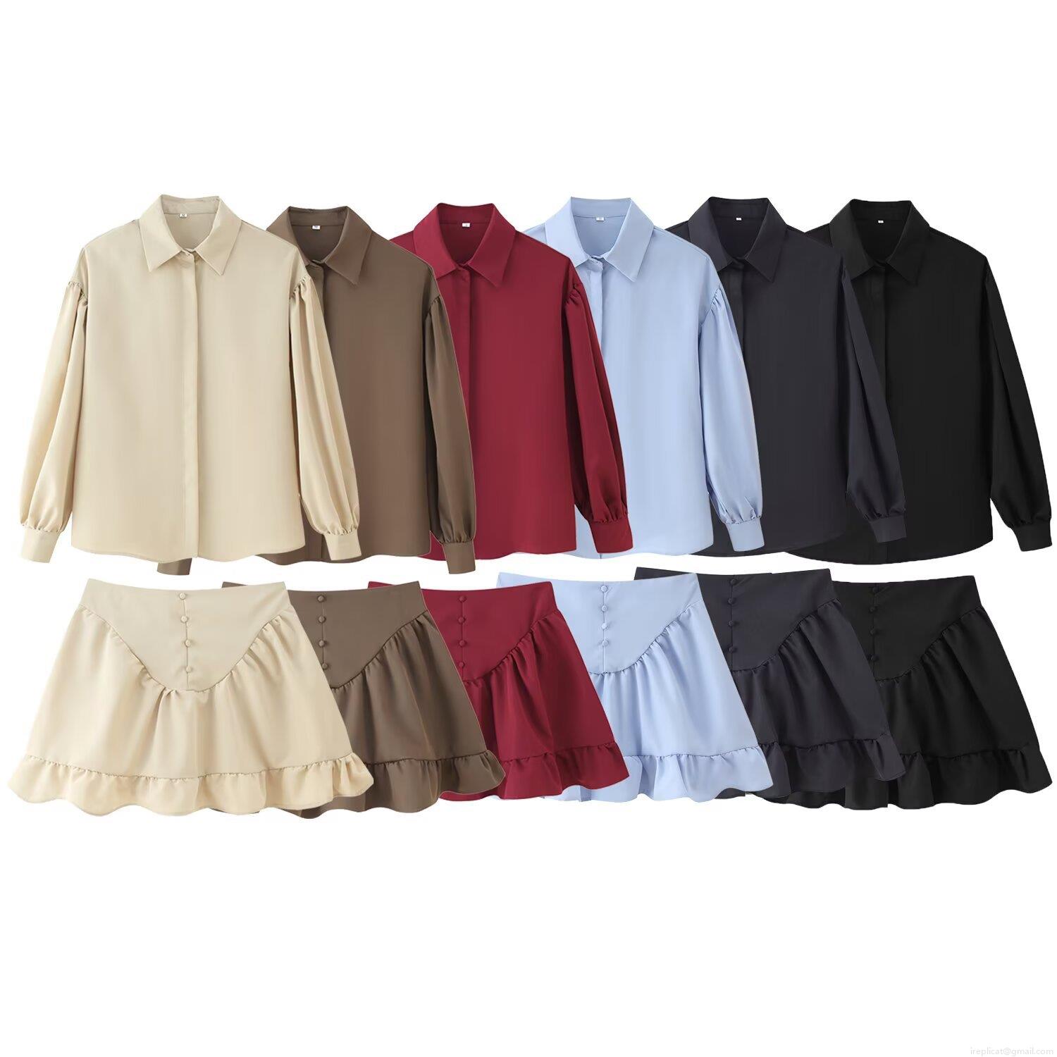 Women's Two Piece Skirt Set Long Sleeve Lapel Shirt and Ruffle Mini Skirt Outfits Solid Color Streetwear Casual Matching Sets For Ladies