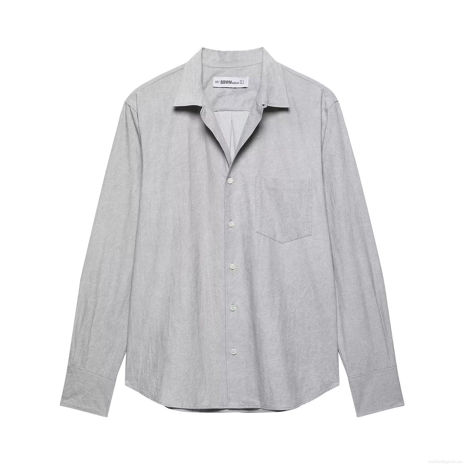 Women's Western Style Casual Two-Piece Set Long Sleeve Cotton Linen Texture Shirt And High Waist Asymmetric Satin Midi Skirt With Floral Embroidery Grey Outfit