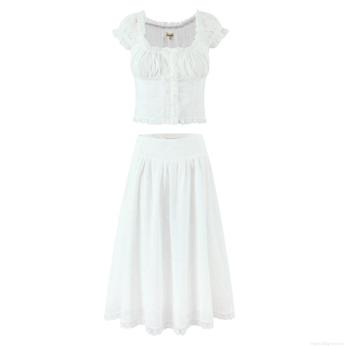 Women's 2 Piece Skirt Set Embroidered Eyelet Cotton Lace Short Puff Sleeve Crop Top And Midi Skirt French Retro Hollow Out Sweet Summer Vacation Outfit