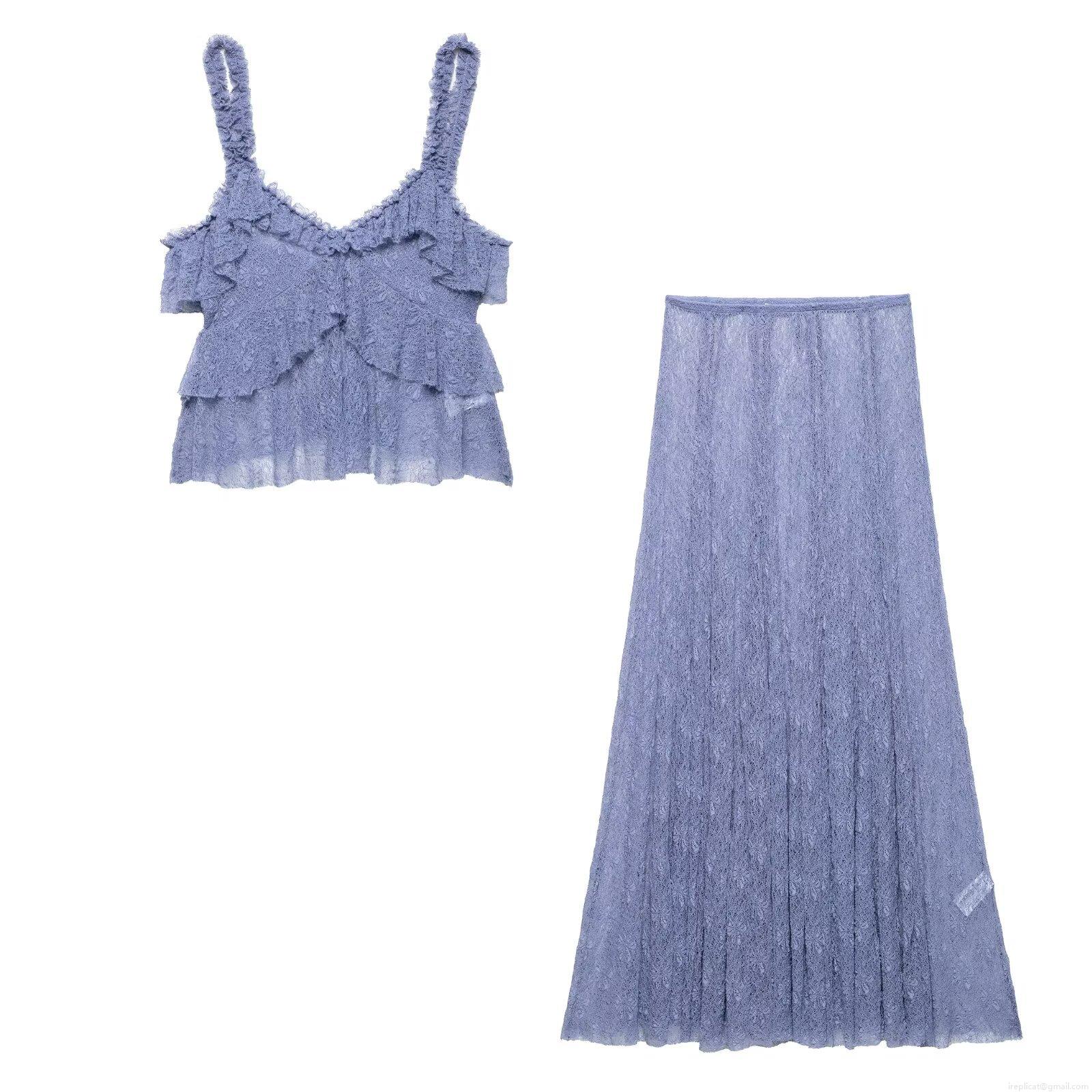 Elegant Women Lavender Purple Lace Two Piece Set Ruffle Camisole Cami Top And Floral Lace Maxi Skirt Summer Beach Vacation Streetwear Outfit