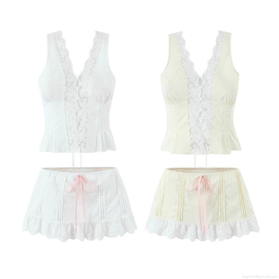 Women's Summer 2-Piece Lace Camisole And Skirt Set Sweet V-Neck Cotton Outfits Street Party Vacation Slim Fit Two Piece Set Clothing