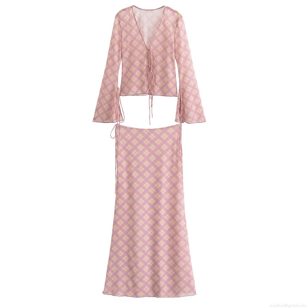 Women's 2-Piece Plaid Mesh Set Sexy Sheer Tie-Up V-Neck Flare Long Sleeve Crop Top and Midi Skirt Streetwear Summer Outfit for Women Party Vacation Women's 2-Piece Plaid Mesh Set Sexy Sheer Tie-Up V-Neck Flare Long Sleeve Crop Top and Midi Skirt Streetwear Summer Outfit for Women Party Vacation