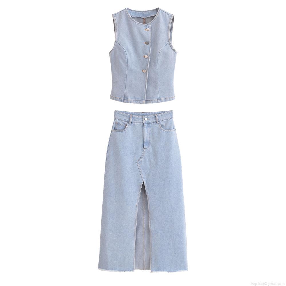 Women's 2-Piece Denim Set Light Blue Washed Polyester Vest And Front Slit Midi Skirt Streetwear Casual Sleeveless Top High Waist Denim Skirt Outfit For Summer Spring Women's 2-Piece Denim Set Light Blue Washed Polyester Vest And Front Slit Midi Skirt Streetwear Casual Sleeveless Top High Waist Denim Skirt Outfit For Summer Spring