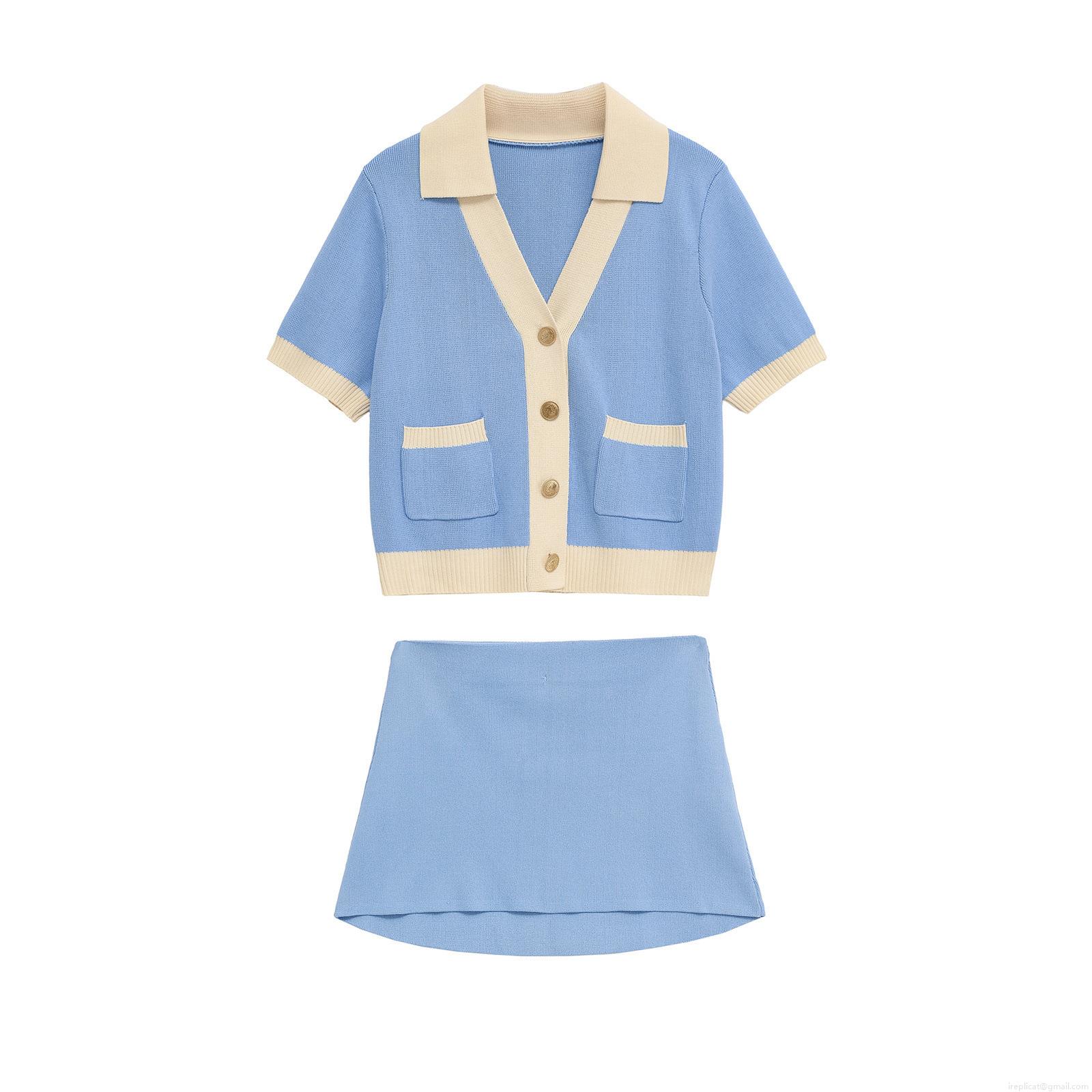 Women's Contrast Color Knit Two-Piece Set Polyester Short Sleeve Button Cardigan Top and Mini Skirt Suit Preppy Streetwear Summer Outfit