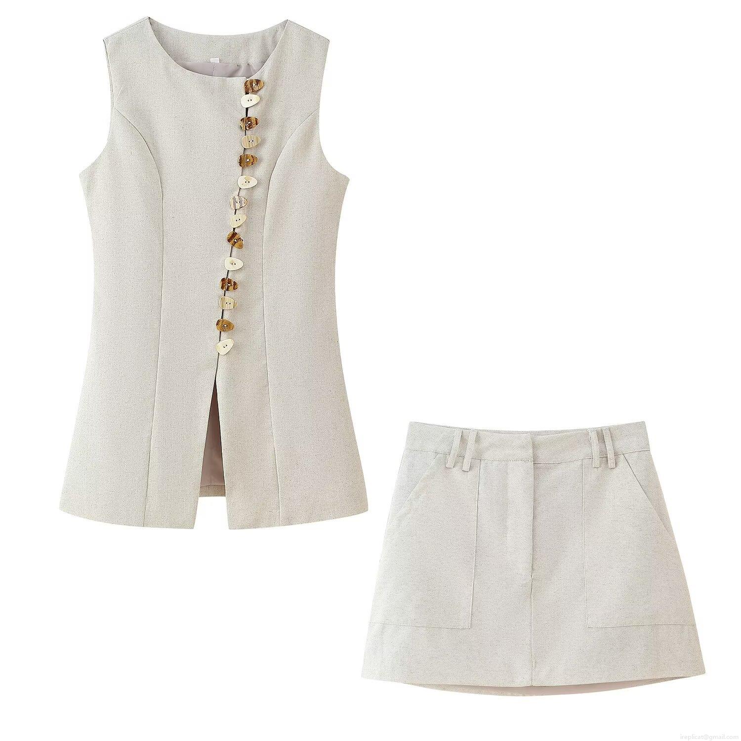 Women's Summer European Style Round Neck Button Vest And A-Line Skirt Two Piece Set Oatmeal Casual Cotton Linen Texture Polyester Outfits For Streetwear Ladies