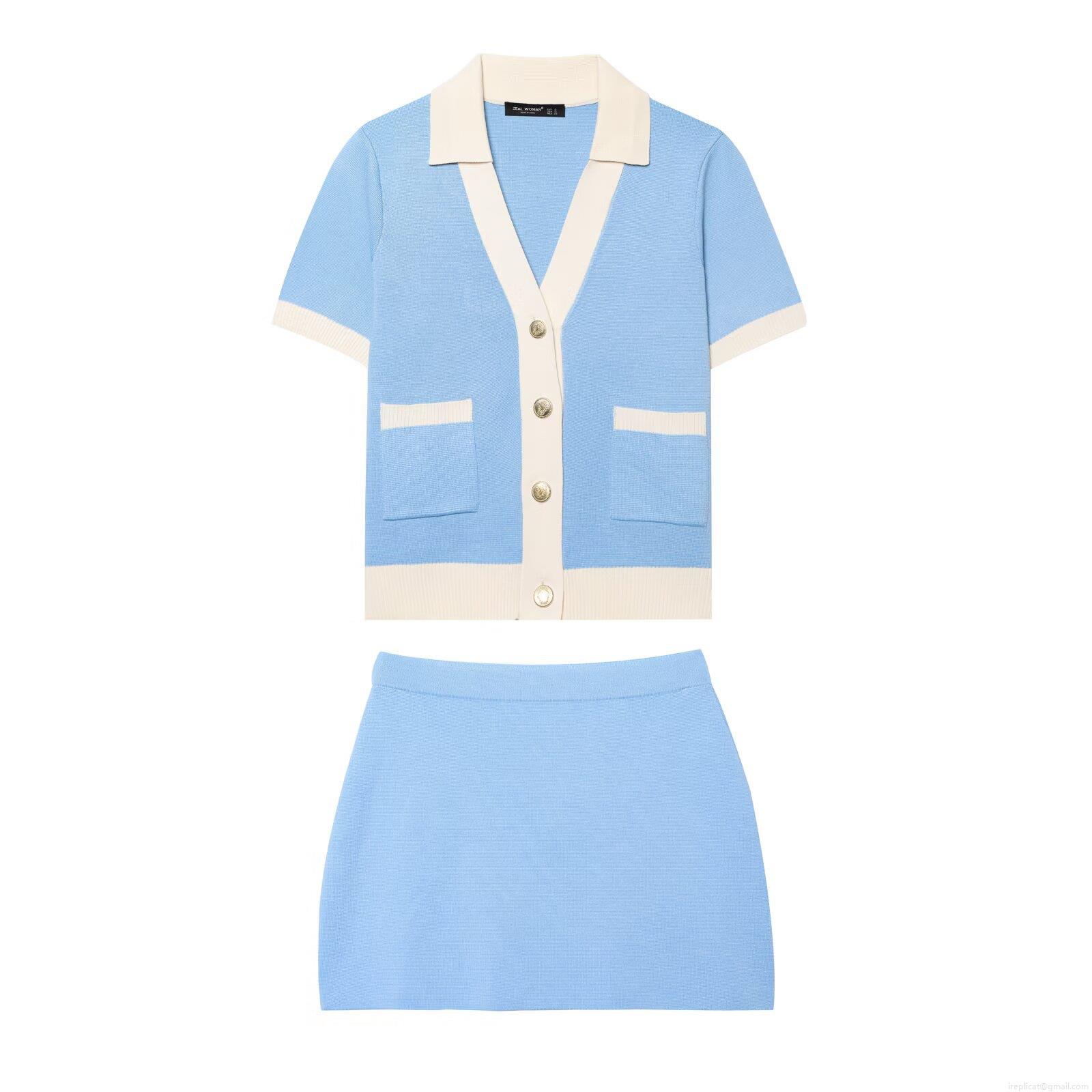 Women Two Piece Knit Skirt Set Contrast Color Short Sleeve Cardigan And Mini Skirt Summer Streetwear Outfits Polyester Knitting Two Piece Set