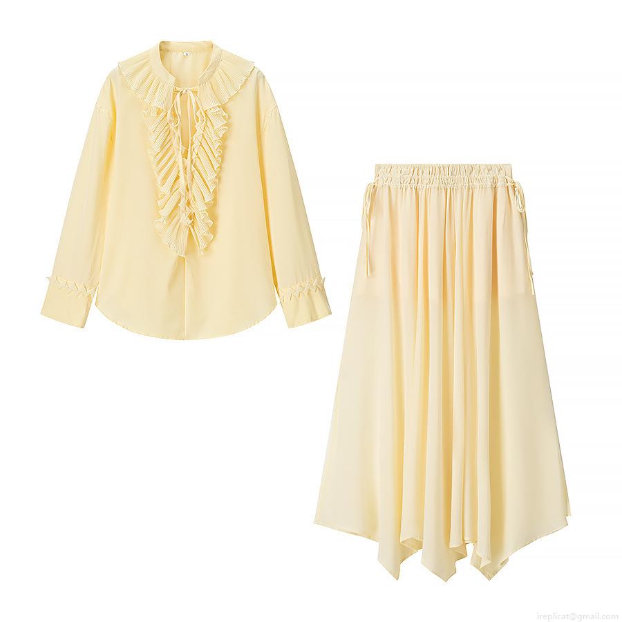 Women's 2-Piece Set Elegant Pale Yellow Ruffle Stand Collar Long Sleeve Shirt and Irregular Pleated Maxi Skirt Casual Streetwear Co-ord Set for Women