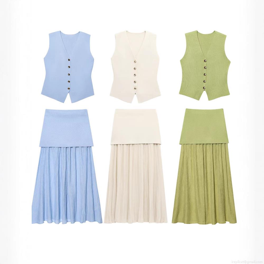 Women's Casual Knit Vest and Pleated Long Skirt 2 Piece Set V Neck Single Breasted Sleeveless Top and Stitching Maxi Skirt Solid Color Outfits