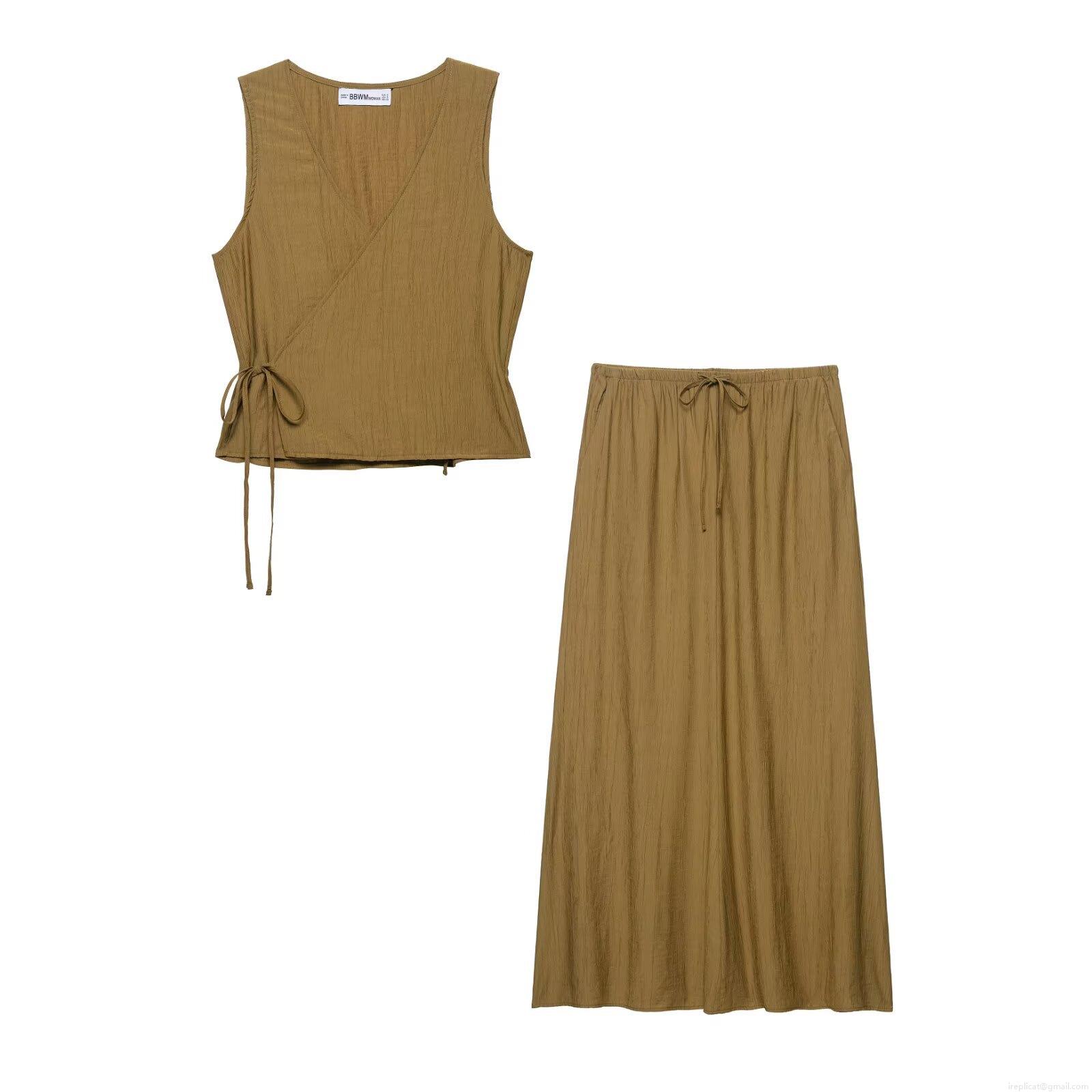 Women's Two Piece Skirt Set 100% Polyester Plissé Fabric Sleeveless V Neck Tie Side Vest Top And Drawstring Elastic High Waist Long Skirt Western Minimalist Casual Vacation Streetwear Outfit Women's Two Piece Skirt Set 100% Polyester Plissé Fabric Sleeveless V Neck Tie Side Vest Top And Drawstring Elastic High Waist Long Skirt Western Minimalist Casual Vacation Streetwear Outfit