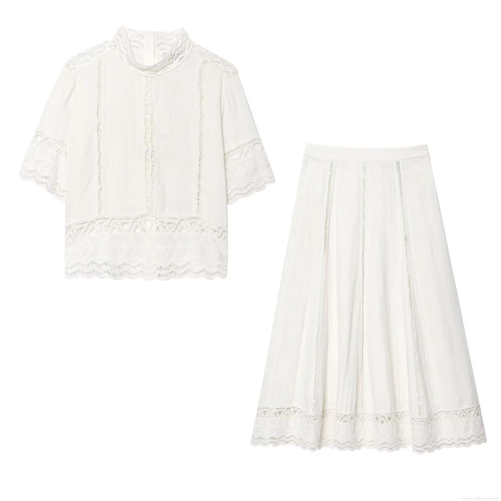 Women's 2-Piece Crochet Skirt Set Elegant Hollow Out Short Sleeve Stand Collar Shirt And A-Line Mid-Length Skirt Summer Vacation Outfits