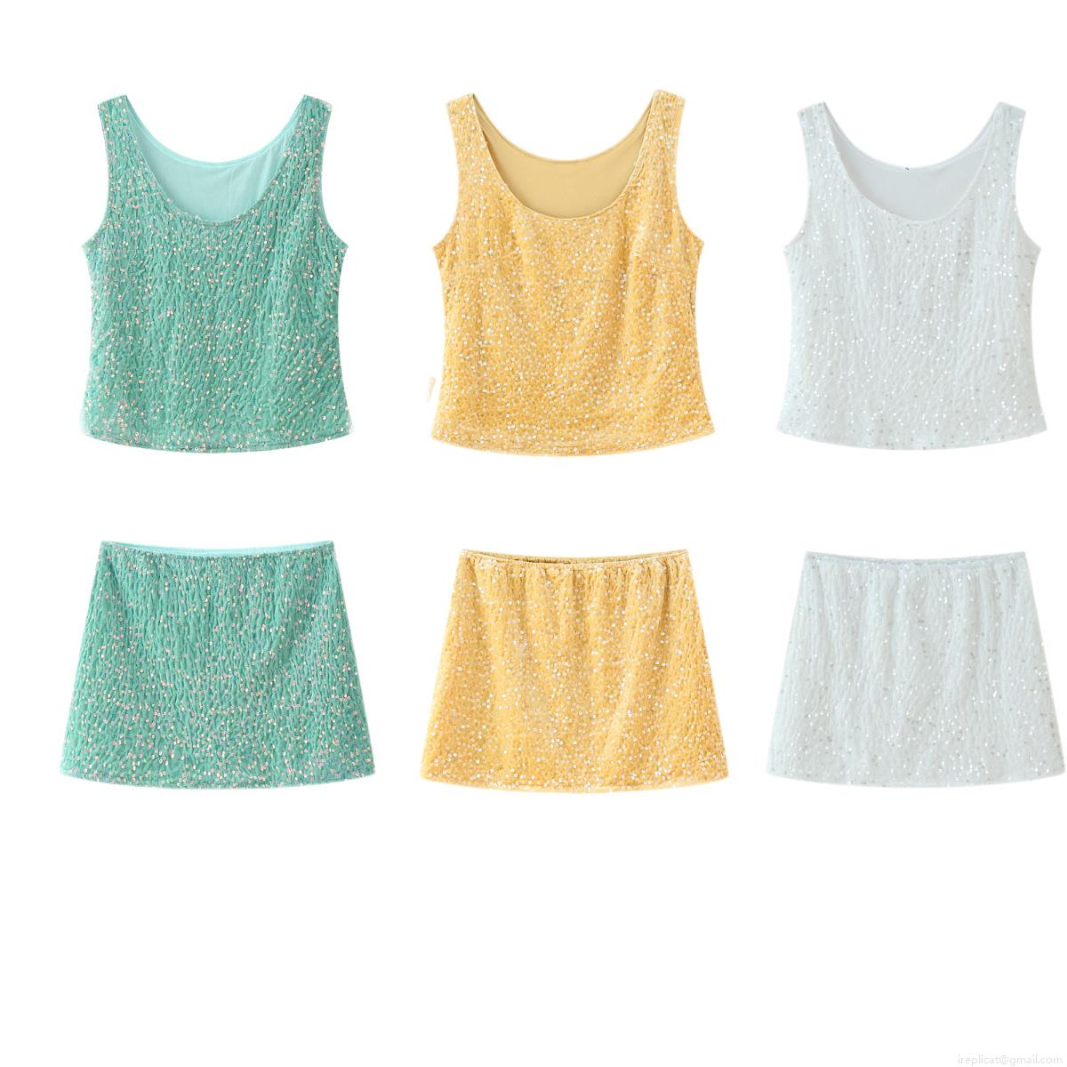 Women's 2 Piece Sequin Set Sleeveless Round Neck Crop Top and Mini Skirt Co-ords Party Nightclub Outfits Street Style Streetwear Mint Green Yellow Silver