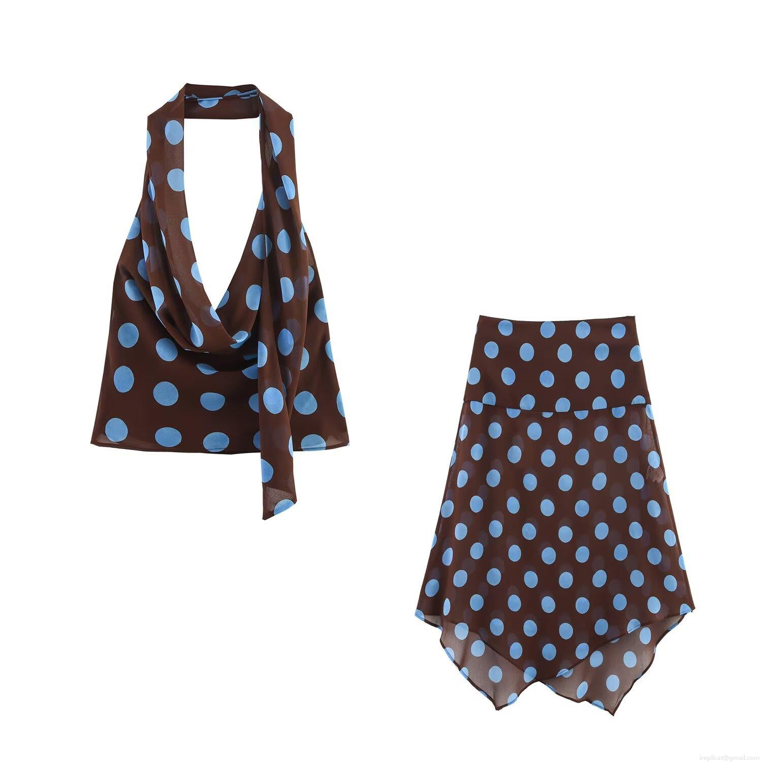 Women's Summer Chiffon Polyester Polka Dot Set Halter Neck Backless Top And Irregular Hem Midi Skirt Two Piece Outfits Streetwear Casual Vacation Women Clothing
