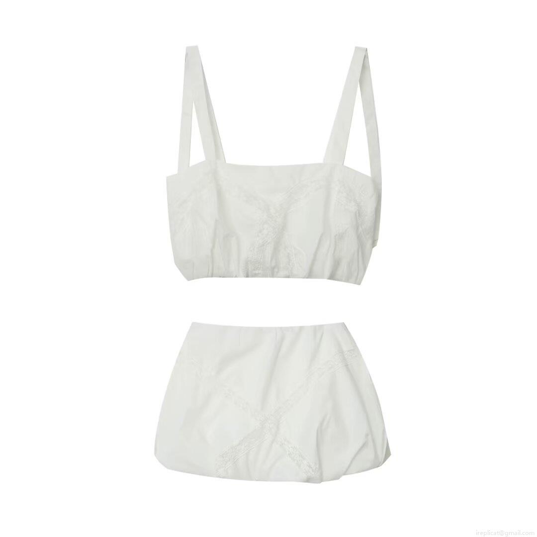 Women Summer 2-Piece Set White Lace Embroidery Camisole Crop Top And Fluffy Mini Skirt Outfits European Streetwear Sweet Elegant Vacation Clothing