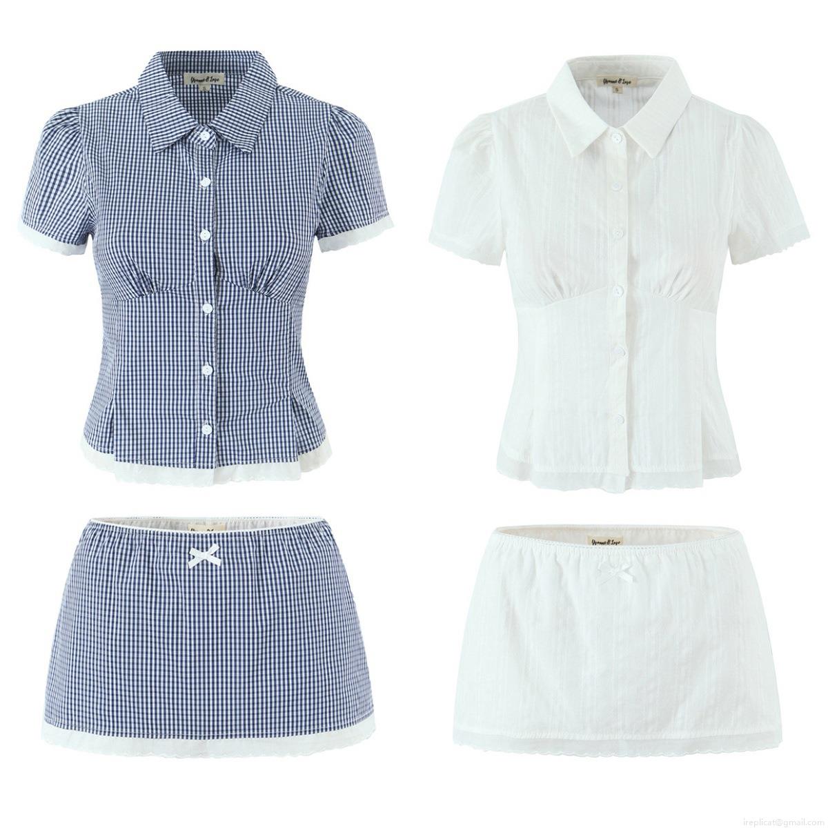 Women European Gingham Patchwork Lace Short Sleeve Shirt and Mini Skirt Set Cotton Plaid Two Piece Outfits for Summer Casual Streetwear