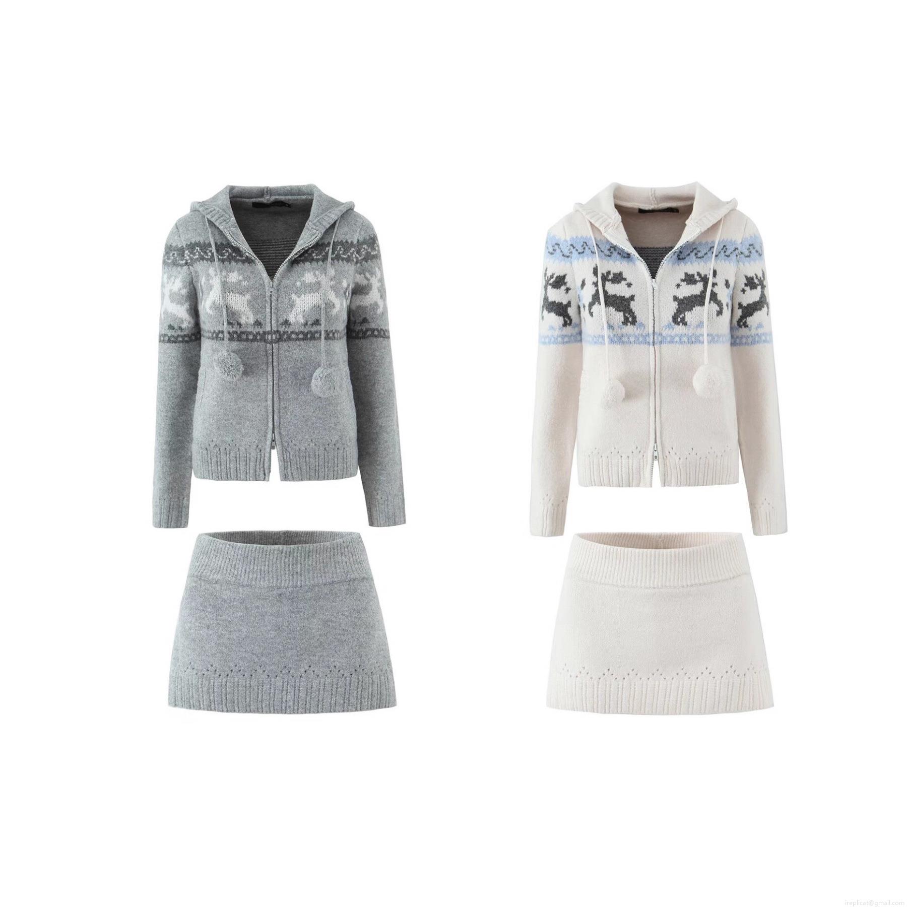 Women Christmas Reindeer Knitted Set Retro Jacquard Hooded Zipper Jacket And Mini Skirt 2 Piece Festive Outfit For Winter Autumn Party Knitted Polyester Clothing