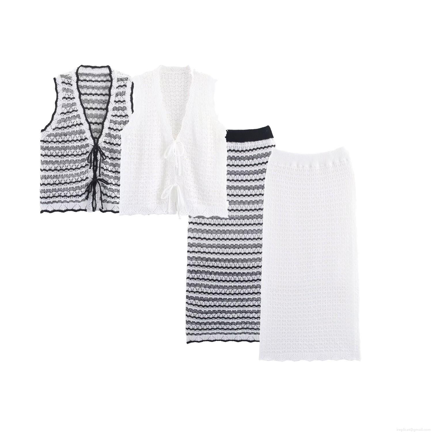 Women's Two Piece Knit Skirt Set Crochet Hollow Out Lace Up Vest Top And Striped Long Skirt Set 2025 Autumn European American Streetwear Co-ords