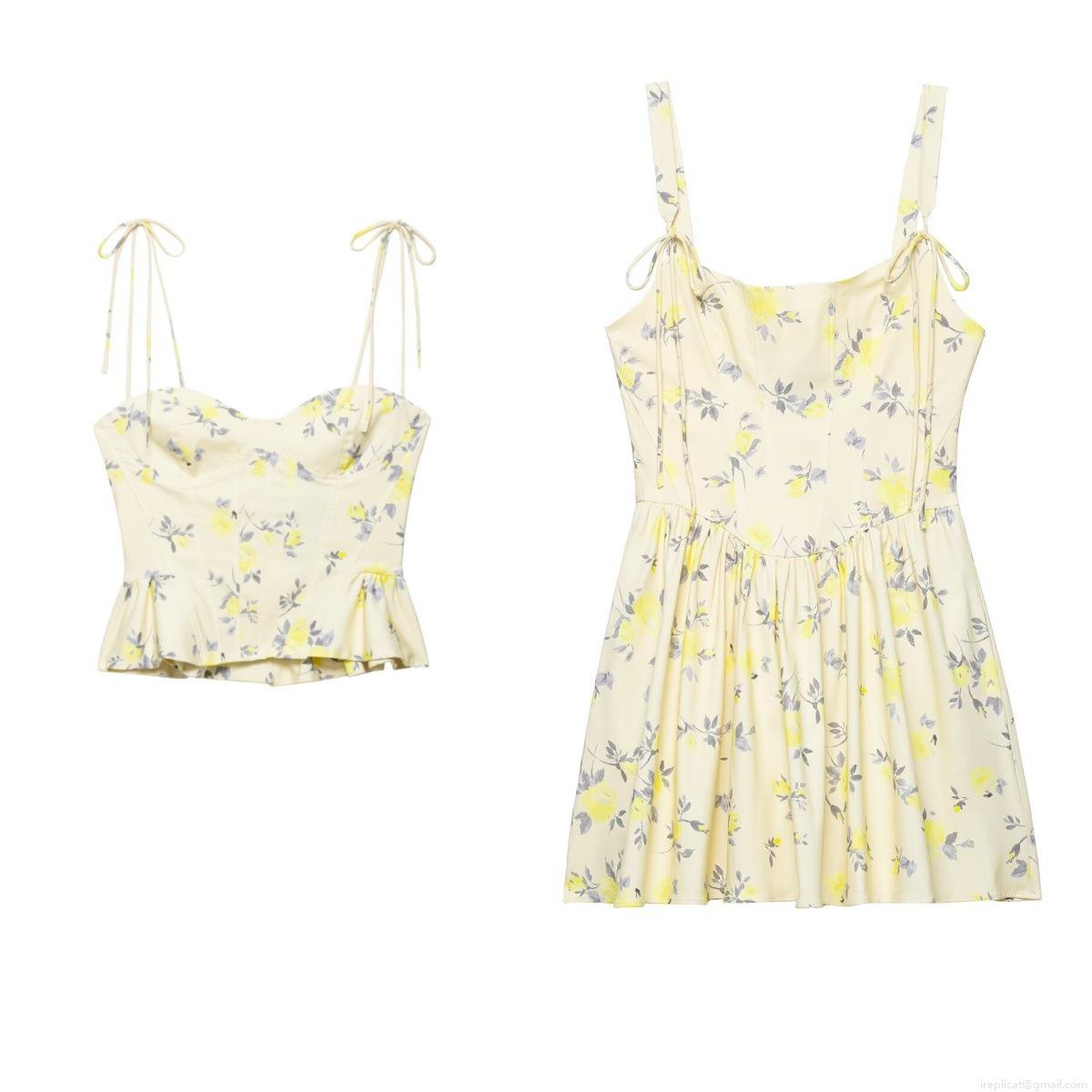 Women's Fashion Chic Floral Print Cami Top and Mini Dress Two Piece Set Elegant Peplum Bow Strap Bustier Slim Fit Vacation Outfits For Women Casual Daily
