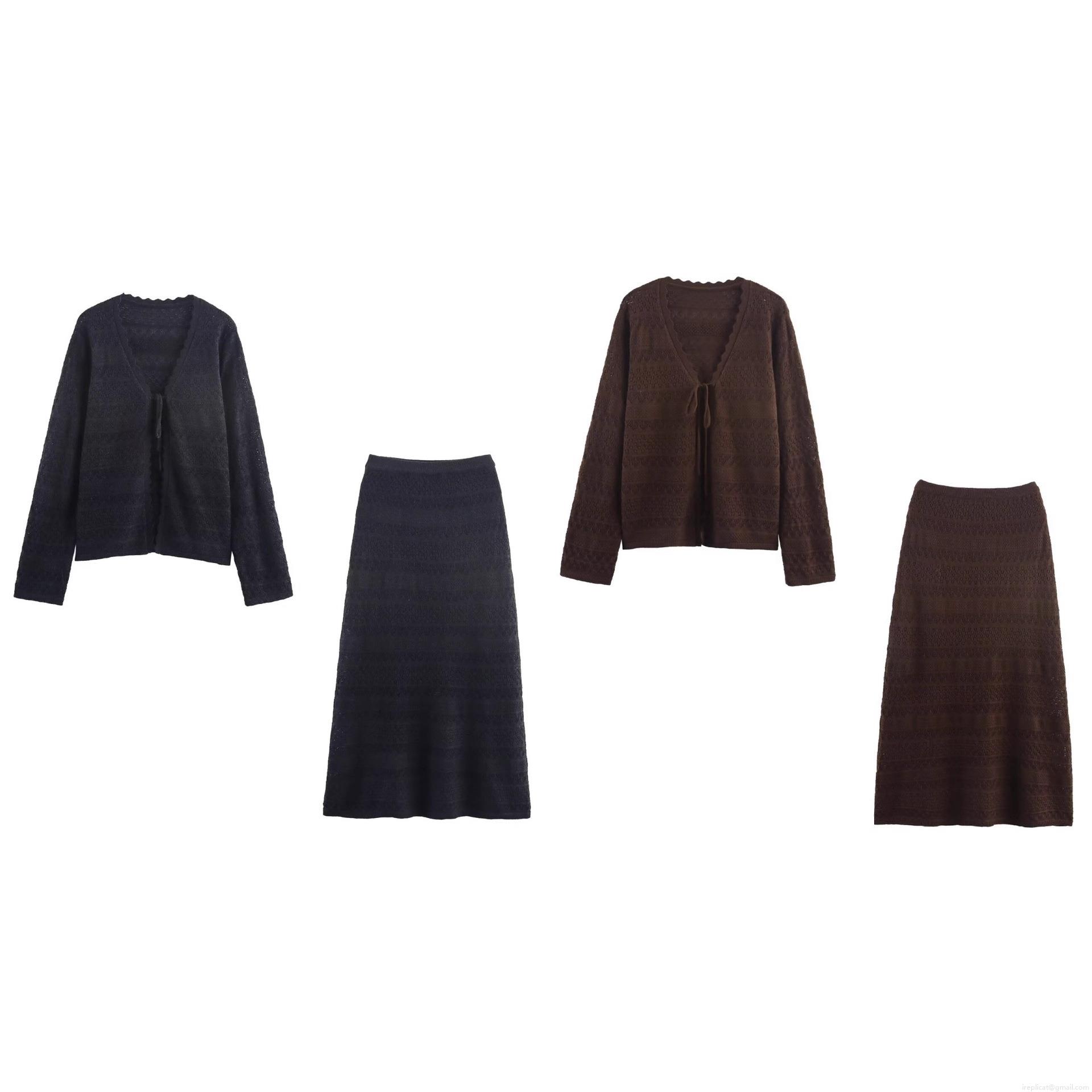 Women's Two Piece Polyester Knit Set Crochet Hollow Out Long Sleeve V Neck Tie Cardigan And Knit Midi Skirt Outfits Elegant Retro Autumn Streetwear