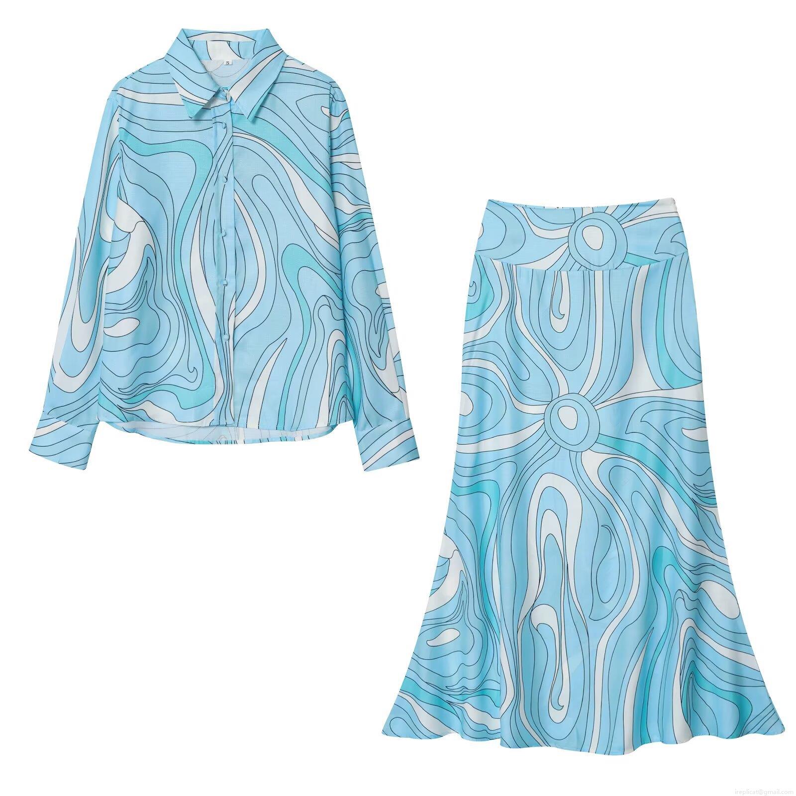 Women's Two Piece Set Long Sleeve Print Shirt and High Waist Fishtail Midi Skirt Abstract Marble Swirl Pattern Streetwear Casual Outfit for Women