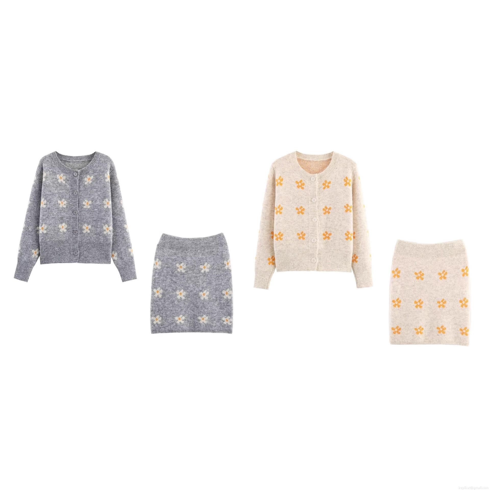 Women's Knitted Two-Piece Skirt Set Jacquard Small Floral Button Up Cardigan and Mini Skirt 100% Polyester Autumn Winter Western Street Style Outfits