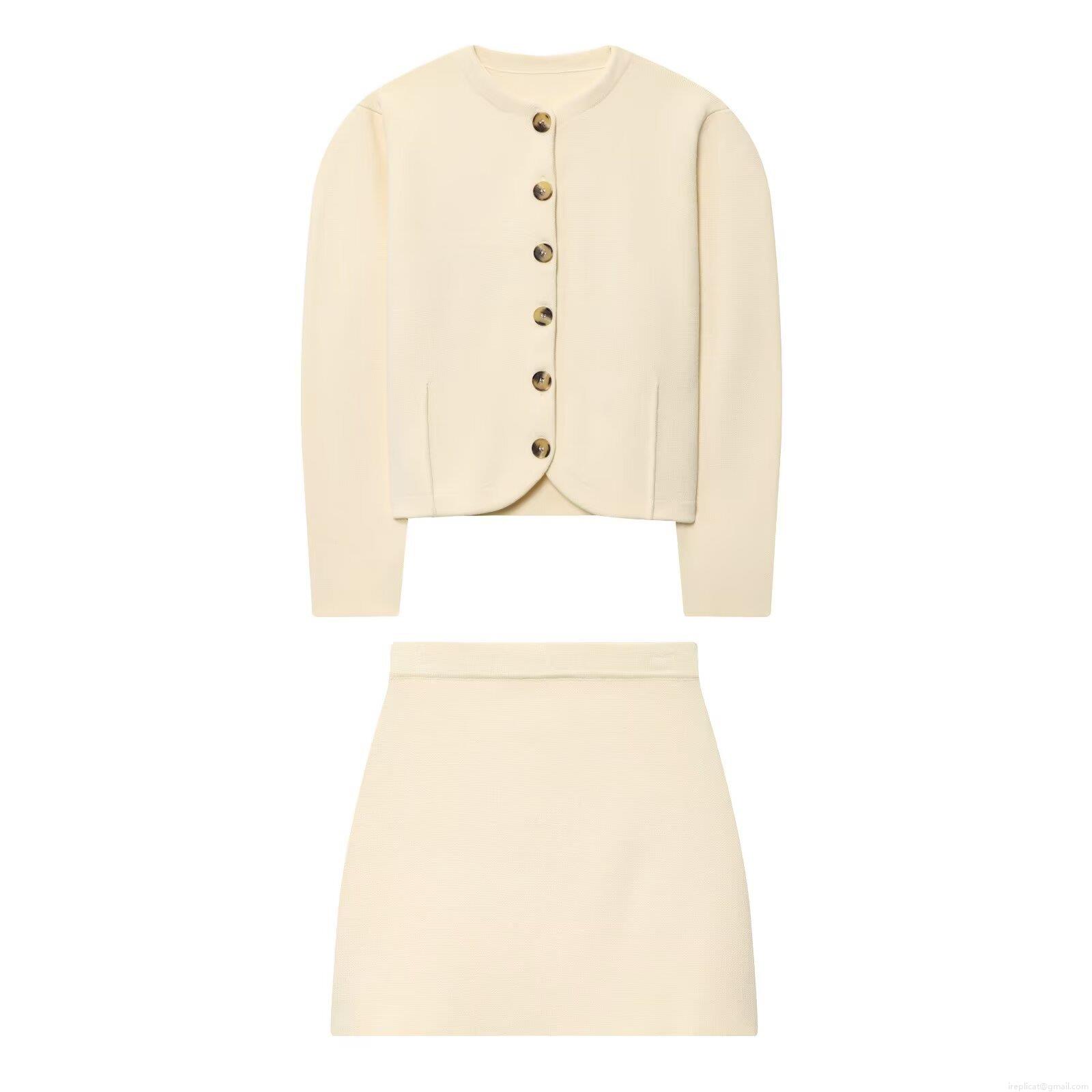 Women's Elegant Knitted Two Piece Set Round Neck Single Breasted Cardigan and High Waist Mini Skirt Solid Color Polyester Cotton Knitwear for Autumn