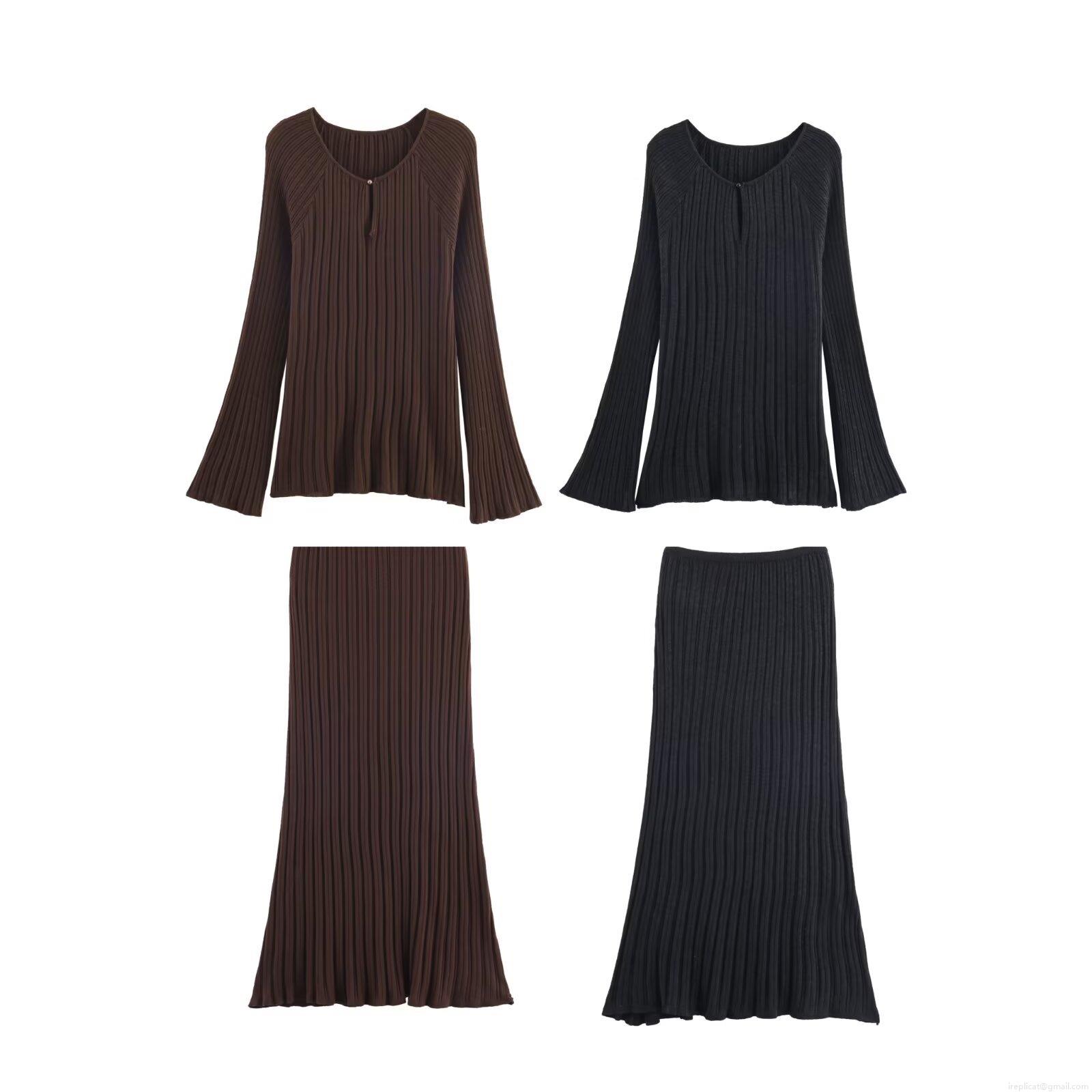 Women's Ribbed Knit 2 Piece Skirt Set V Neck Long Sleeve Bell Sleeve Top And Midi Skirt Matching Set Autumn Winter Solid Color Slim Fit Outfits