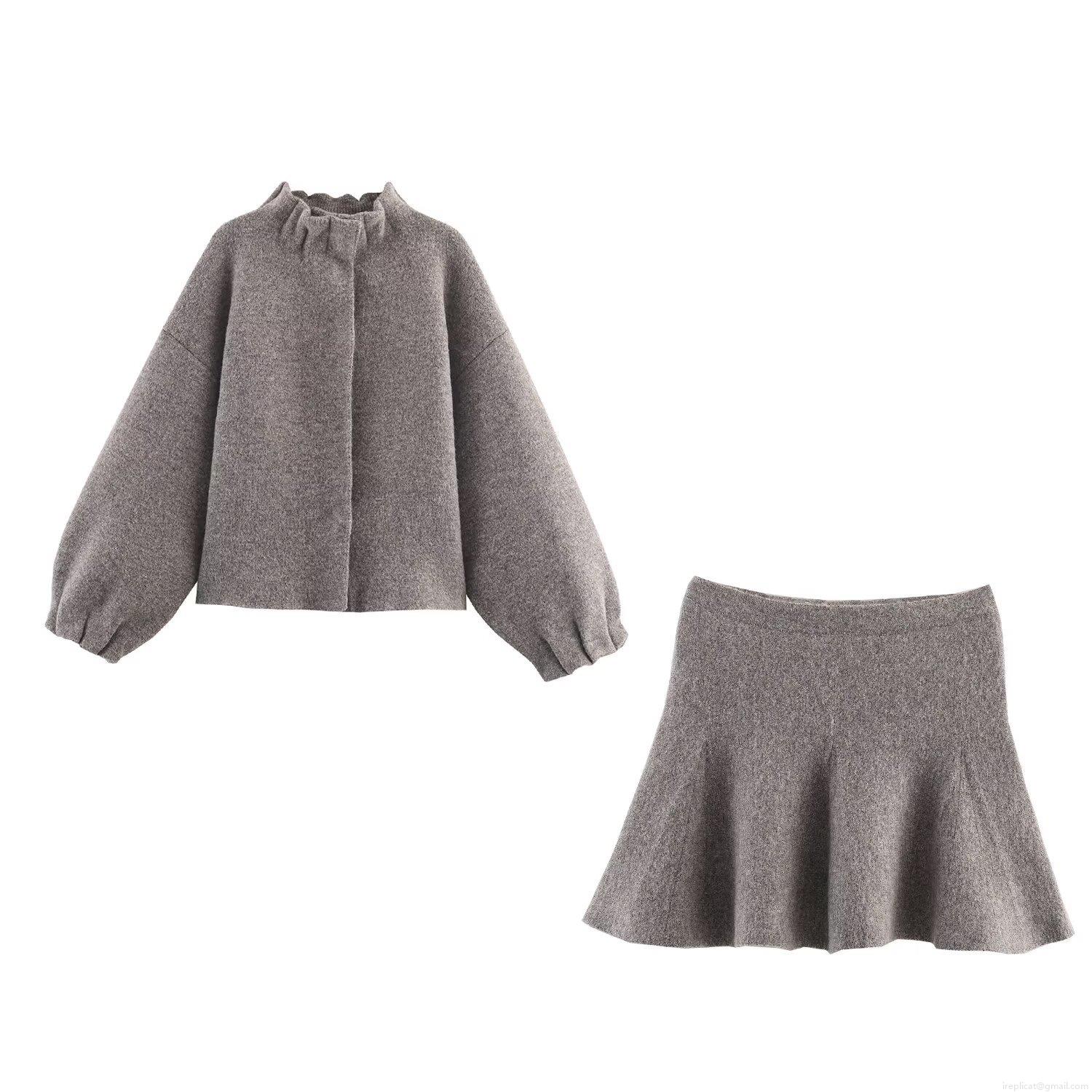 Women's Elegant Knitted Two Piece Skirt Set Autumn Winter Ruffled High Neck Lantern Sleeve Jacket and A-Line Mini Skirt Solid Color Polyester Streetwear Outfit Suit Women's Elegant Knitted Two Piece Skirt Set Autumn Winter Ruffled High Neck Lantern Sleeve Jacket and A-Line Mini Skirt Solid Color Polyester Streetwear Outfit Suit