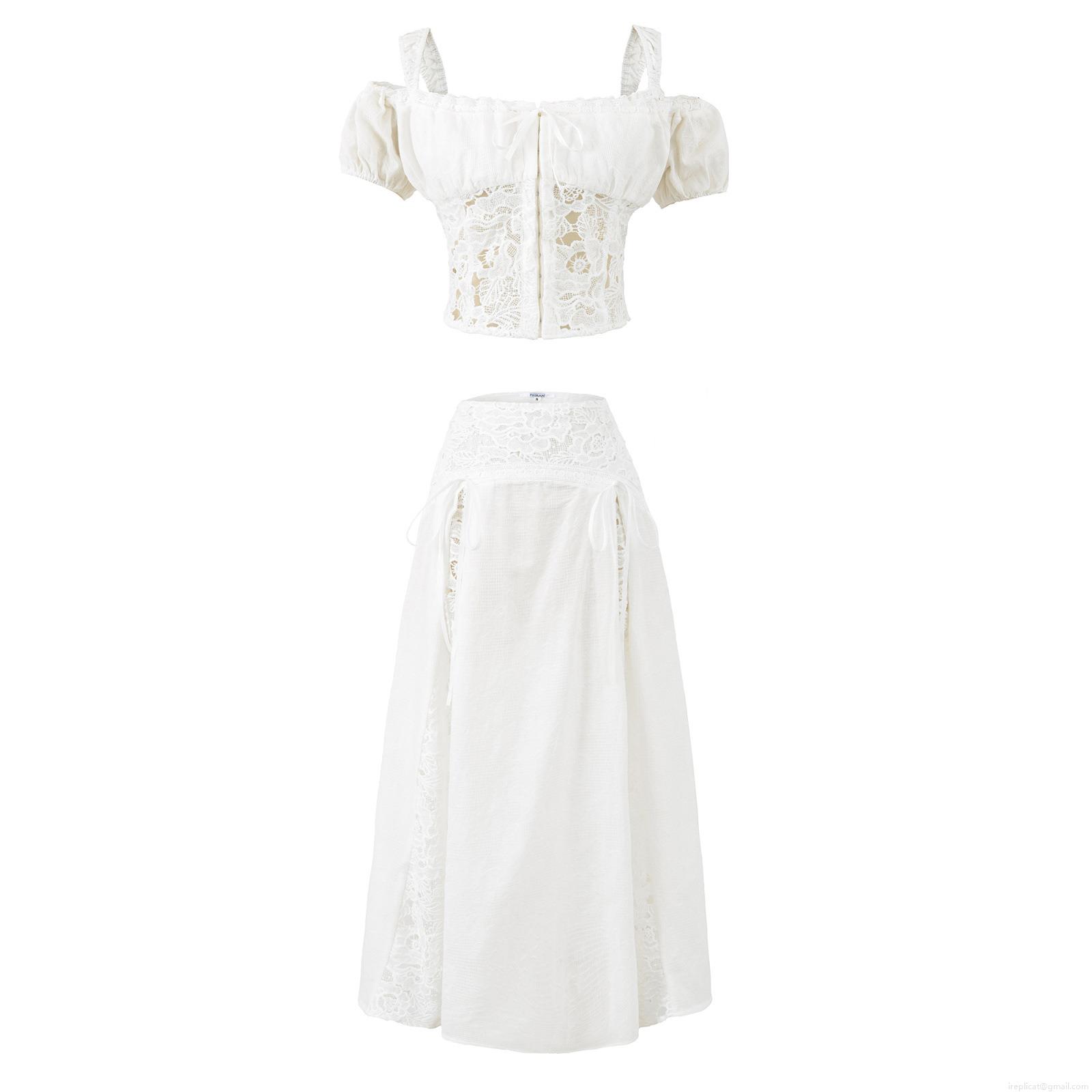 Women's 3-Piece Skirt Set Elegant White Cotton Lace Patchwork Puff Sleeve T-Shirt Camisole And High Waist Mid-Length Skirt For Casual Party Sweet Style