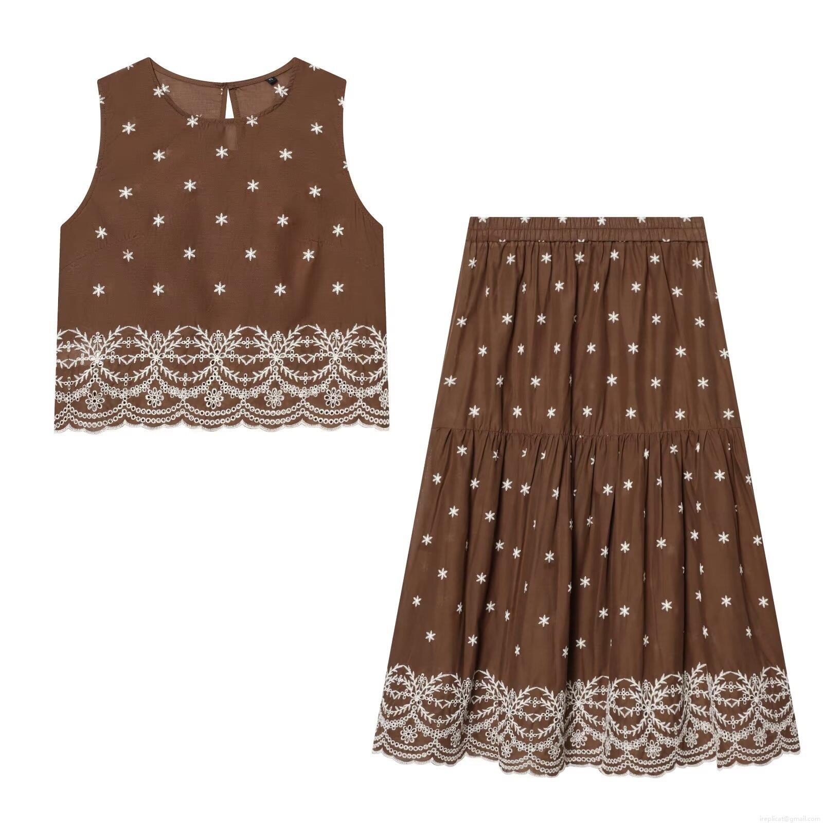 Women's Two Piece Skirt Set Cotton Blend Sleeveless Hollow Out Embroidery Top And Elastic High Waist Midi Skirt Casual Vacation Boho Outfits