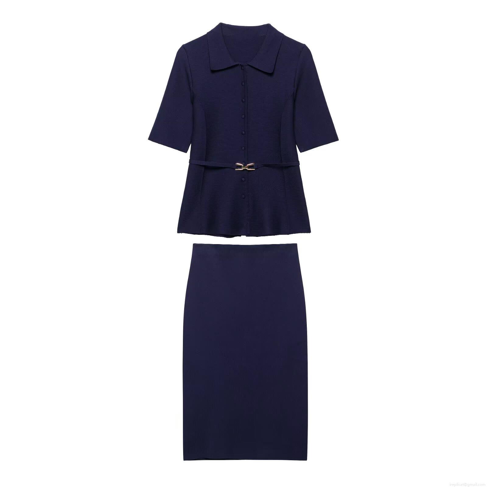 Women Elegant Knit 2-Piece Skirt Set Short Sleeve Polo Neck Button Down Top With Belted Waist And Midi Pencil Skirt Navy Blue Commuter Office Wear Spring Summer Chic Suit