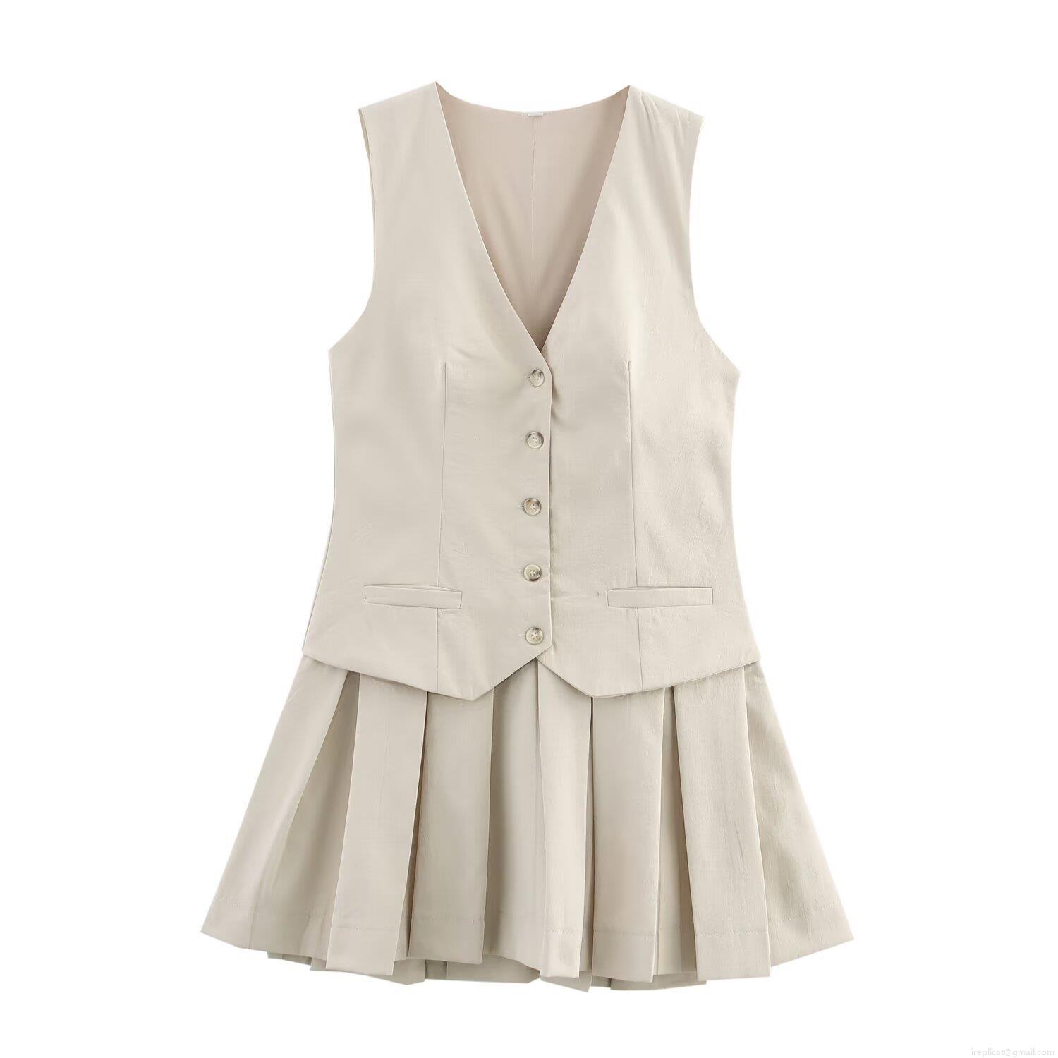Women's 2 Piece Skirt Set Elegant V Neck Single Breasted Waistcoat And High Waist Pleated Mini Skirt Solid Color Summer Sleeveless Office Lady Outfit Women's 2 Piece Skirt Set Elegant V Neck Single Breasted Waistcoat And High Waist Pleated Mini Skirt Solid Color Summer Sleeveless Office Lady Outfit