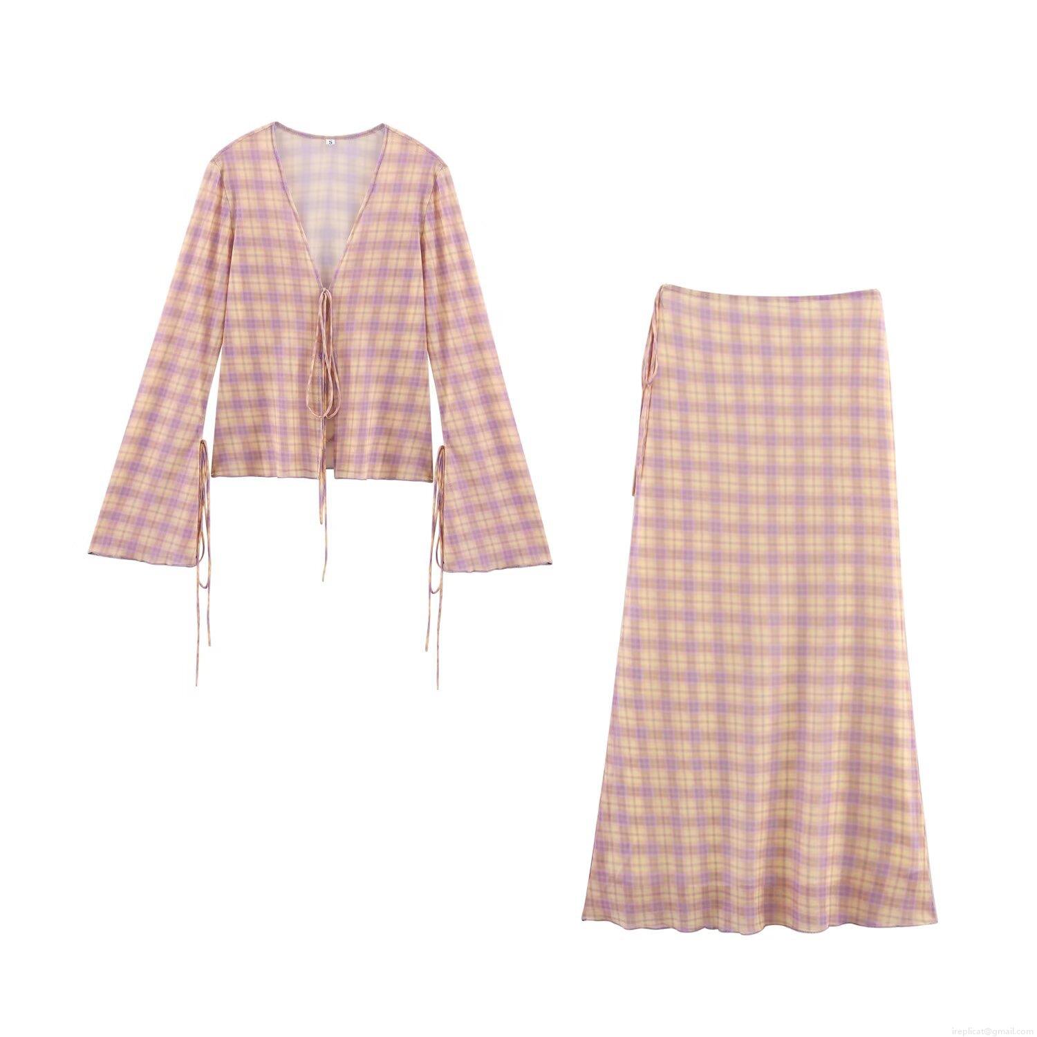 Women Elegant Plaid Print Mesh Two Piece Set Tie-up Long Sleeve Flare Cuff Shirt And High Waist Long Skirt Fashion Summer Outfits For Ladies
