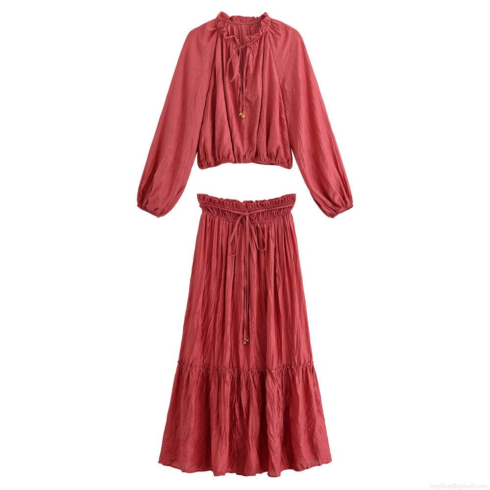 Women 2 Piece Skirt Set Crinkle Pleated Crop Top And Tiered Midi Skirt Solid Color Long Sleeve Ruffle Neck Drawstring Outfits For Summer Vacation Party Casual Wear
