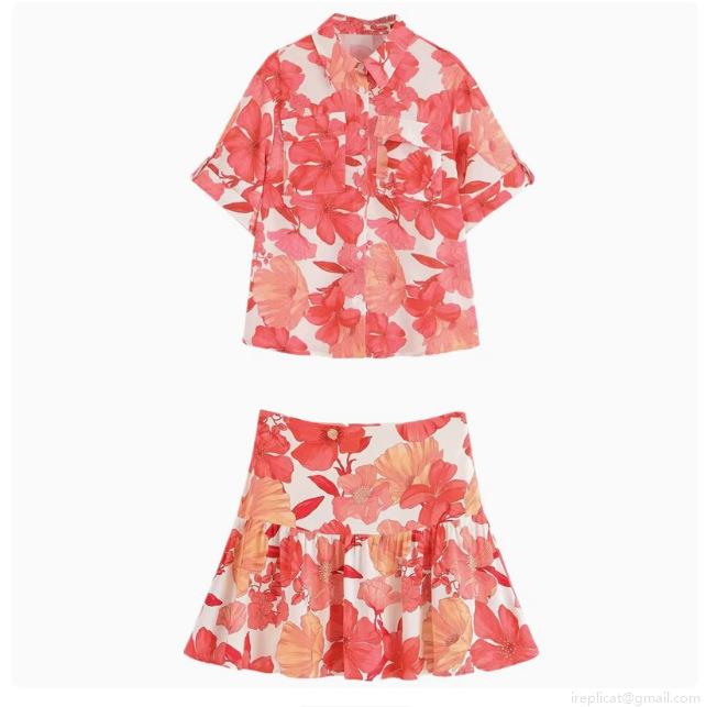 Summer Women Floral Print Two Piece Set Cotton Blend Short Sleeve Button Up Shirt With Pockets And High Waist A-Line Mini Skirt Casual Vacation Outfit