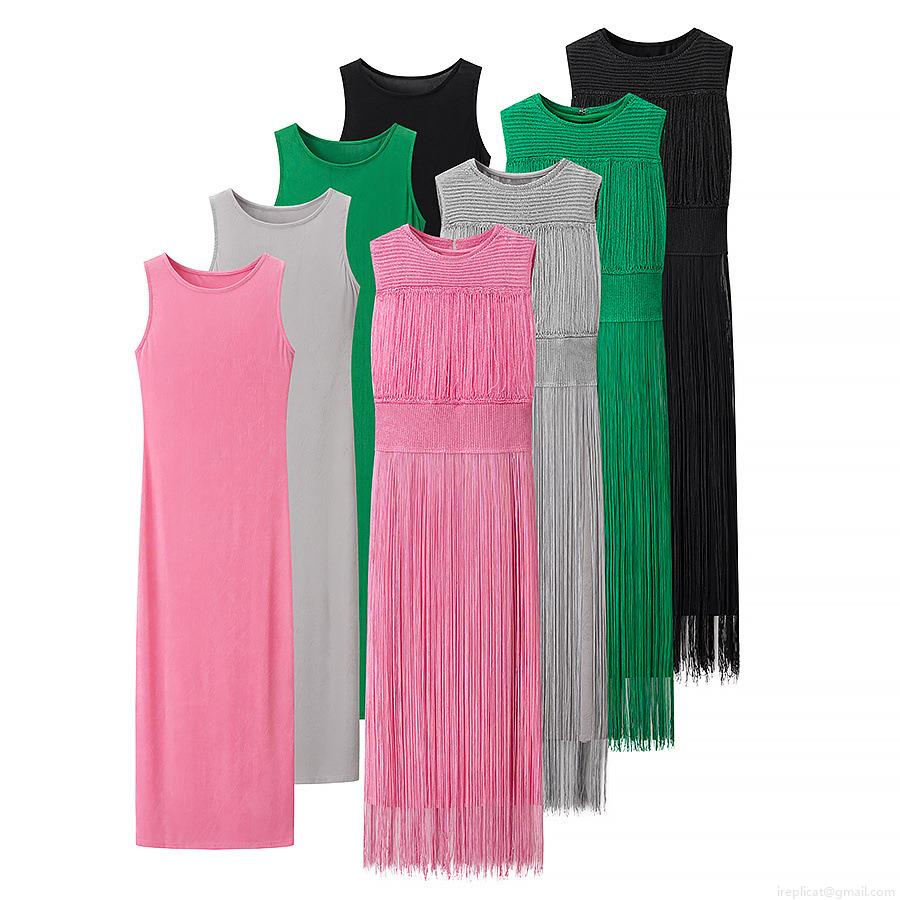 Women's 2-Piece Fashion Knitted Fringe Dress Set Sleeveless Round Neck Solid Color Midi Patchwork Outfit For Summer Party Dating Lady Elegant Clothing