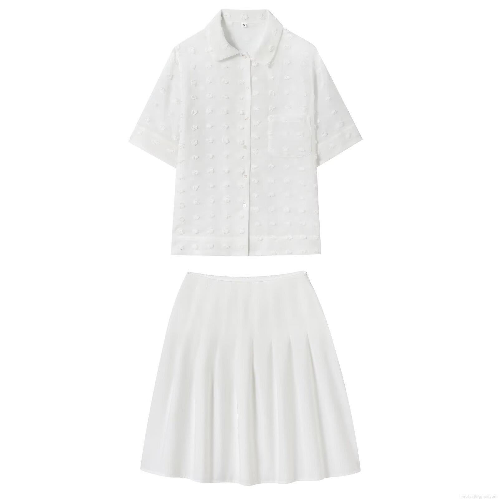 Women's 2-Piece Skirt Set Swiss Dot Short Sleeve Button Down Shirt And High Waist Pleated Mini Skirt Elegant Summer Casual Outfit For Women