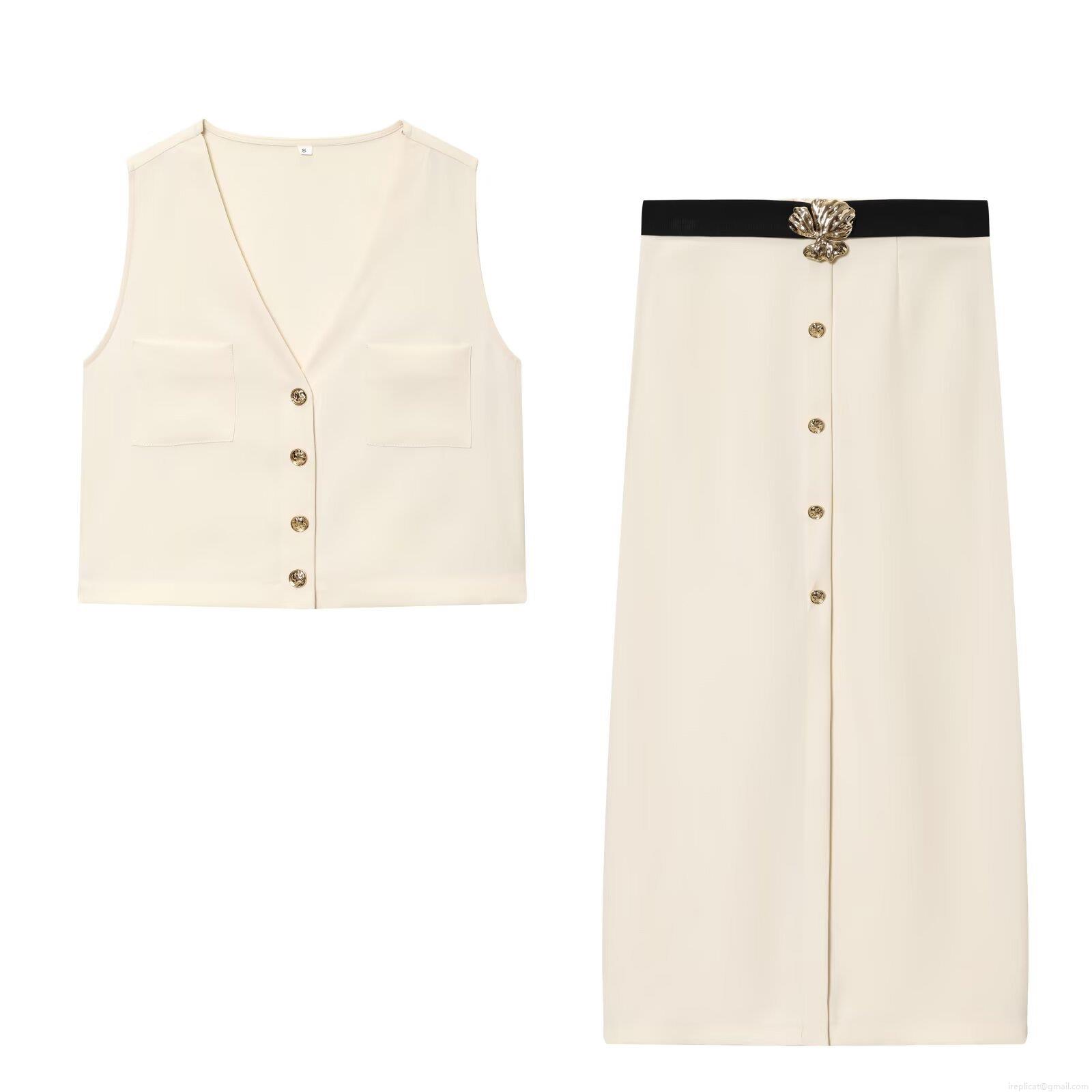 Women's Elegant 2-Piece Outfit Set Polyester Blend V-Neck Sleeveless Vest Top and High Waist Midi Skirt with Slit Decorative Gold Buttons for Summer Office Commute