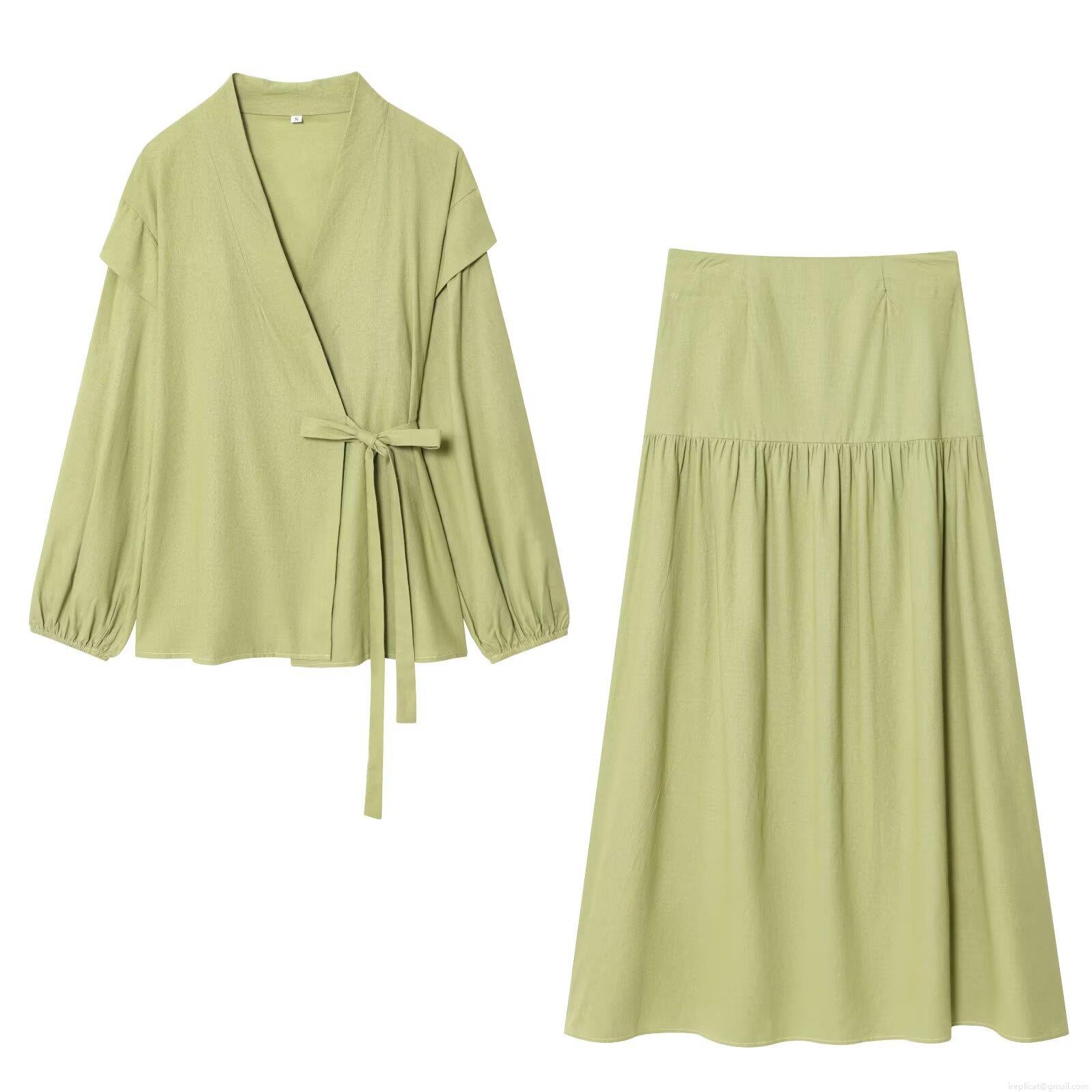Women's Summer Two Piece Skirt Set Cotton Linen Texture Wrap Tie Front Long Sleeve Ruffle Shirt And Pleated Maxi Skirt Casual Elegant Mint Green Outfit