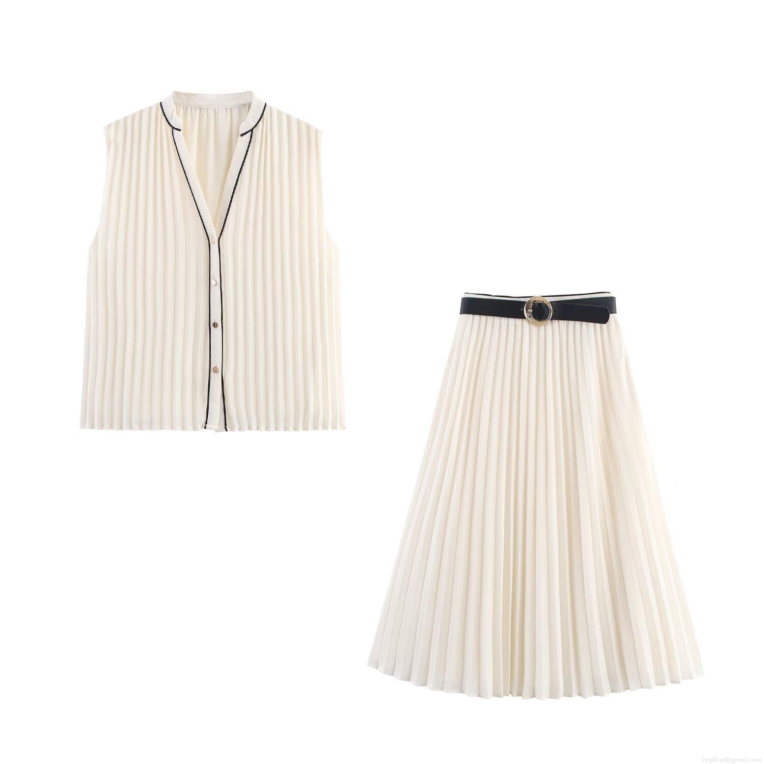 Women Elegant Off-White Chiffon Pleated Two-Piece Set Sleeveless V-Neck Top And Mid-Length Skirt With Black Belt Summer Commuter Solid Color Outfit