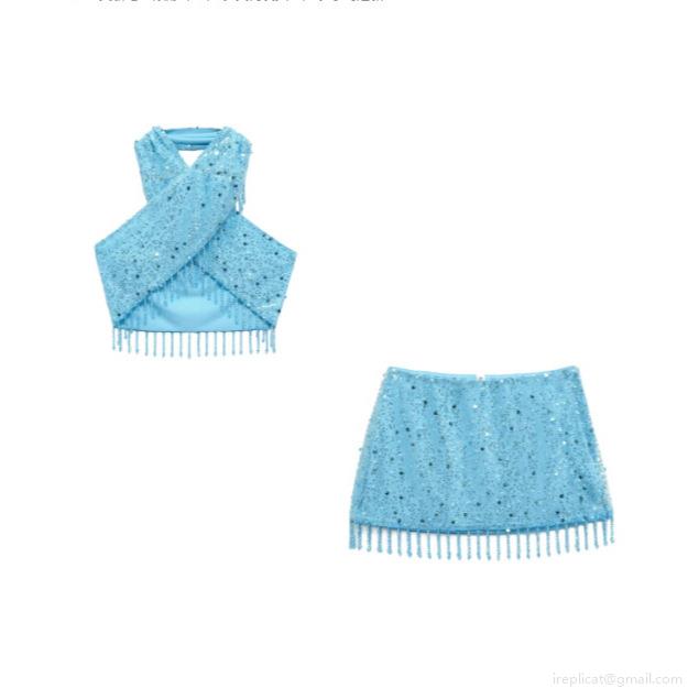 Women Sexy Light Blue Sequin Tassel Two Piece Set Halter Neck Crop Top And Mini Skirt Suit Beaded Pearl Glamorous Party Clubwear Outfits