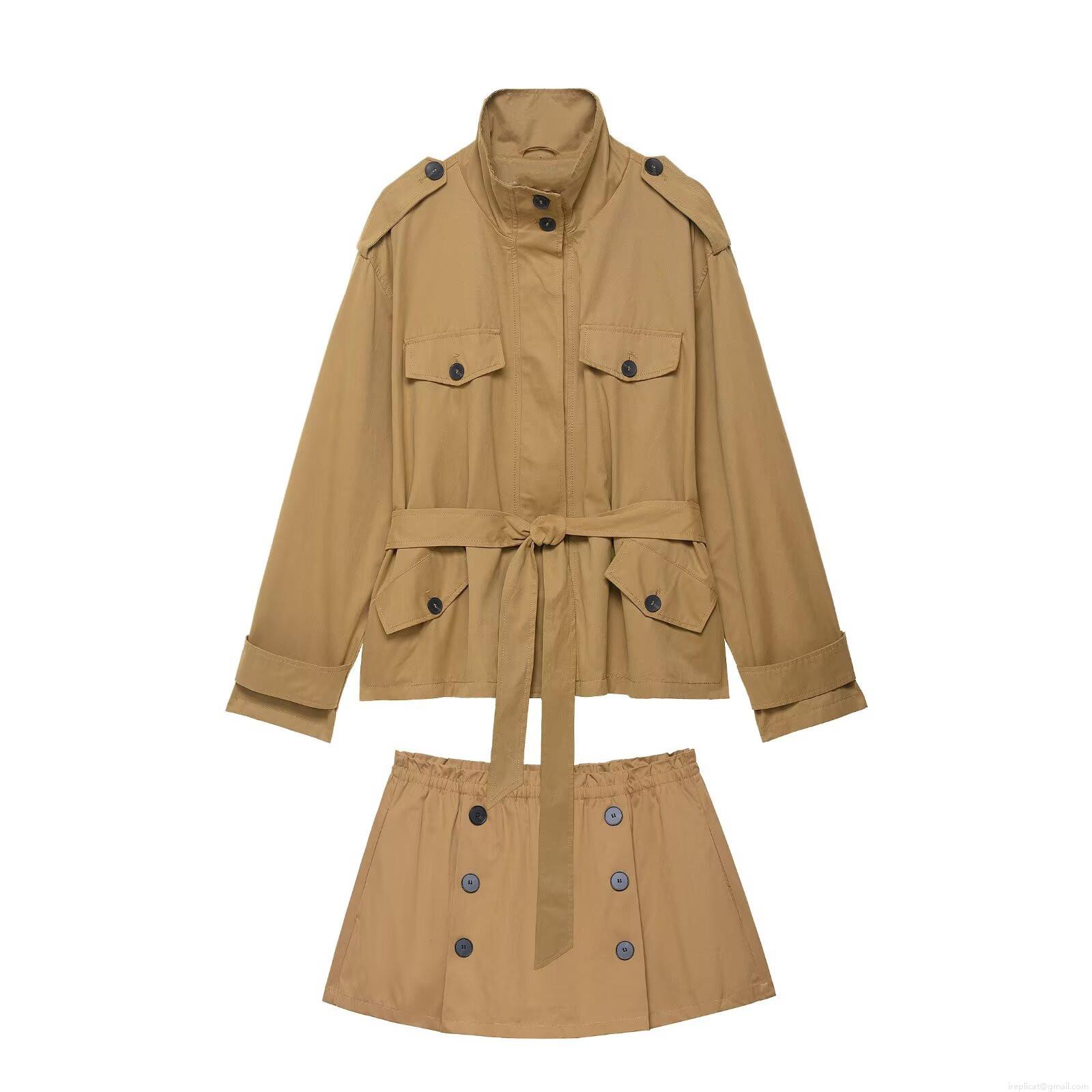 Women's Safari Style 2 Piece Set Short Windbreaker Jacket and High Waist A-Line Mini Skirt Khaki Solid Color Casual Autumn Outfits