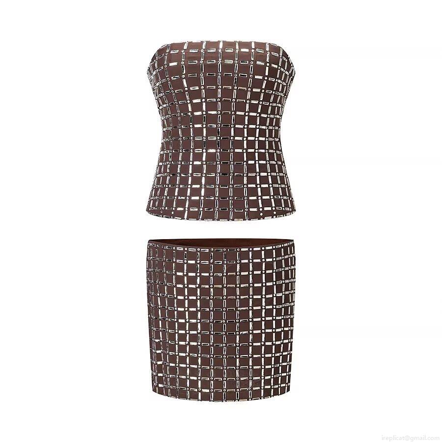 Women's Sexy Two Piece Set Strapless Rhinestone Tube Top And Mini Skirt Glitter Grid Pattern Zipper Closure Club Party Streetwear Outfits