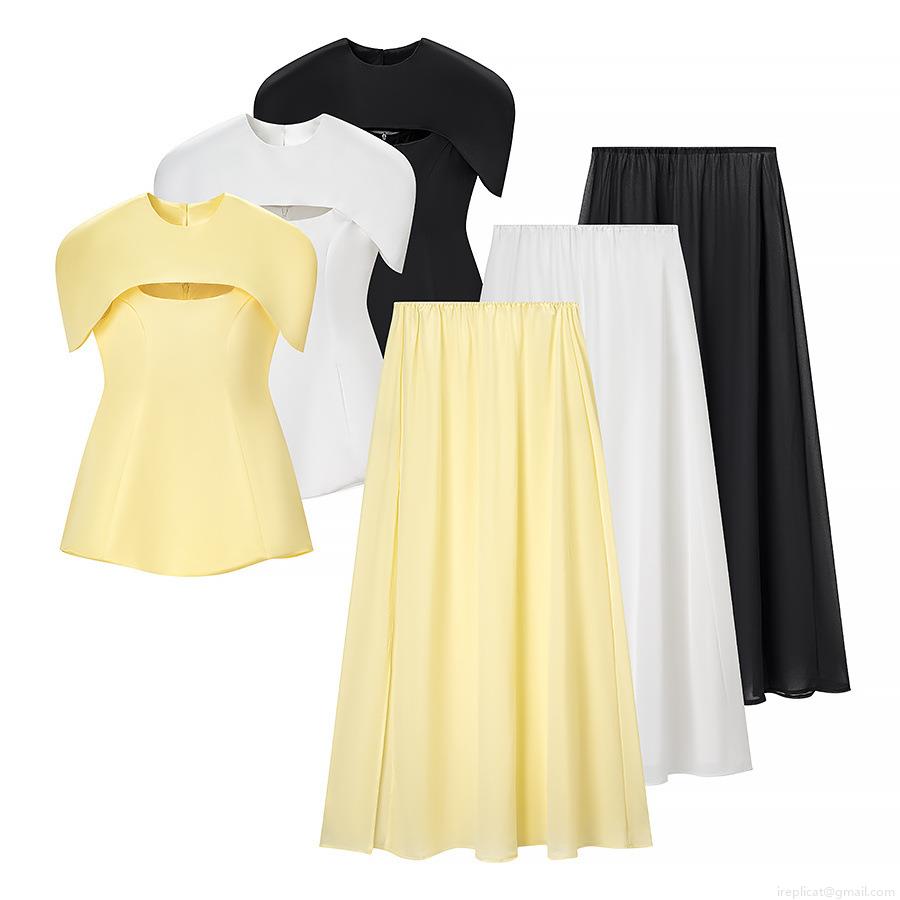 Women's Satin Two-Piece Skirt Set Elegant Sleeveless Cut-Out Top and High Waist Slit Midi Skirt Chic Party Wear For Ladies