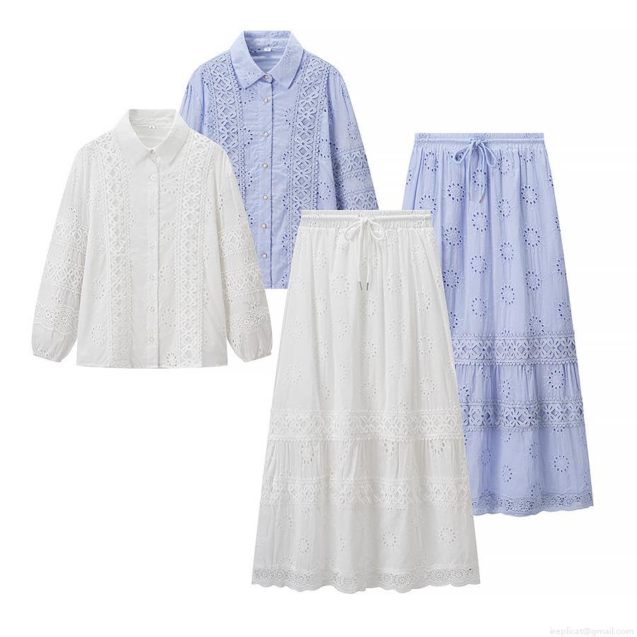 Women's Elegant Two-Piece Skirt Set Floral Hollow Out Lace Embroidery Long Sleeve Button Down Shirt And Elastic Waist Maxi Skirt Set Sweet Casual Vacation Outfit