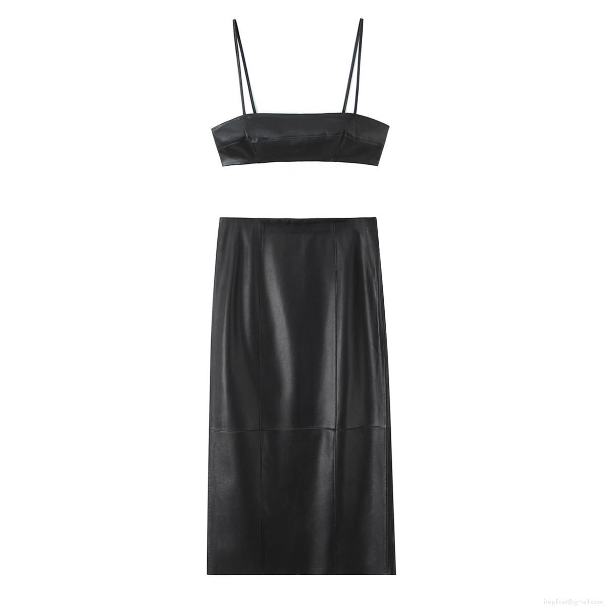 Women Sexy Faux Leather 2 Piece Outfits Sets Black Spaghetti Strap Crop Top And High Waist Slit Midi Skirt Clubwear Streetwear Co-ords