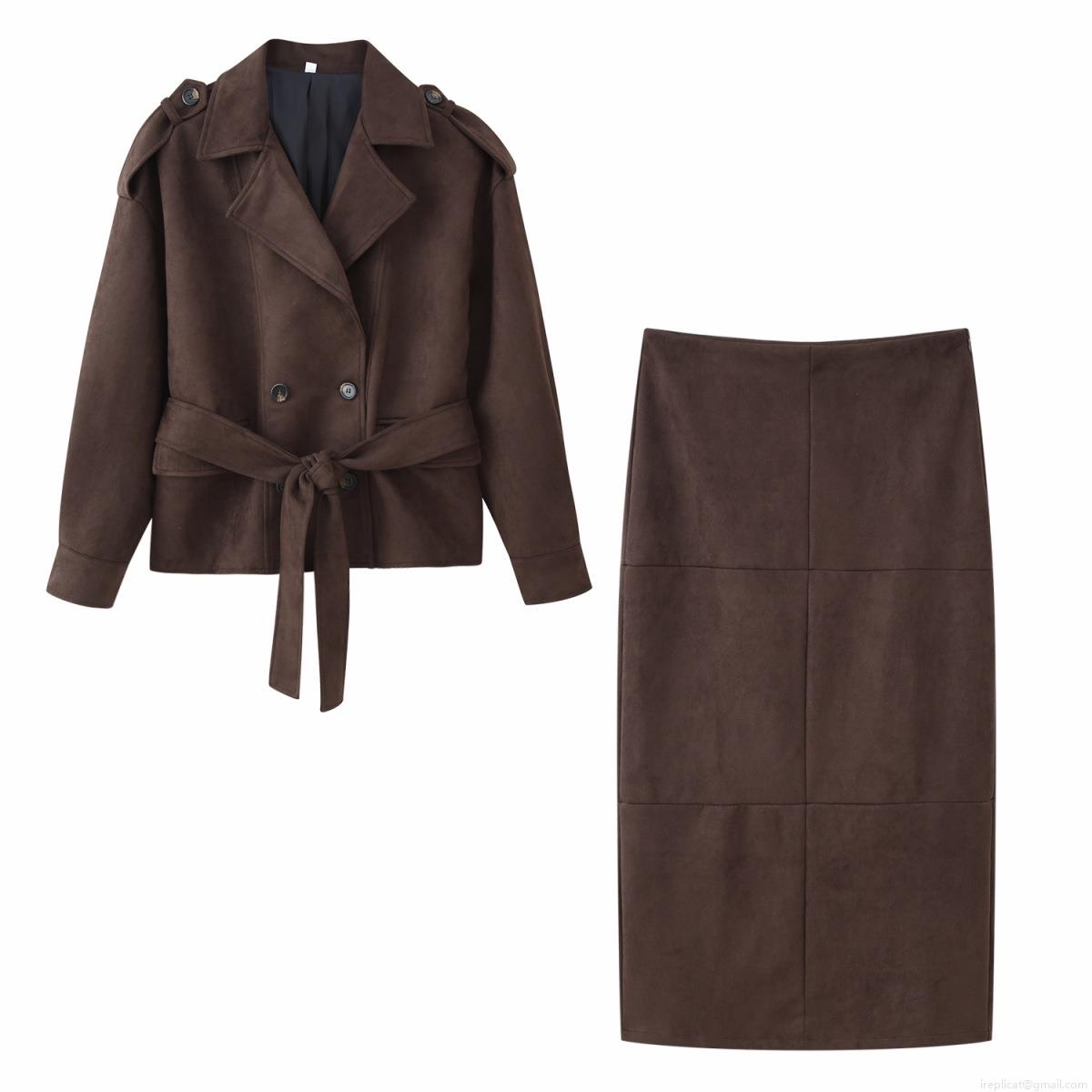 Women's Winter Fashion Lapel Long Sleeve Suede Double Breasted Jacket And Midi Skirt Two Piece Set With Belt Solid Color Elegant Commuter Outfit