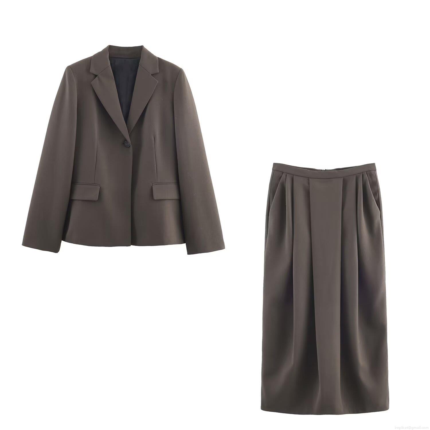 Elegant Women's Single-Breasted Blazer Jacket And High Waist Pleated Midi Skirt Two Piece Set Office Professional Business Professional Suit Solid Deep Brown Poly-Spandex Blend