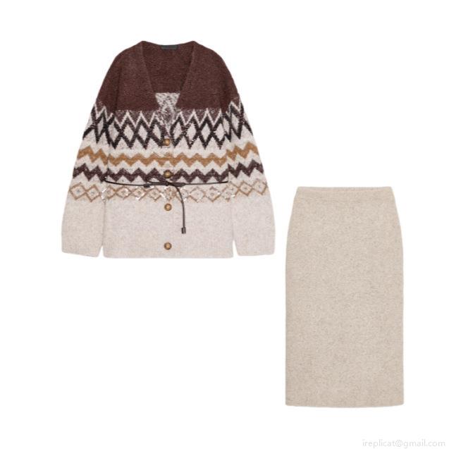 Women Retro Bohemian Geometric Jacquard Knit Cardigan And Midi Skirt Set With Belt Sequin Detail Polyester Spandex Knitwear For Women