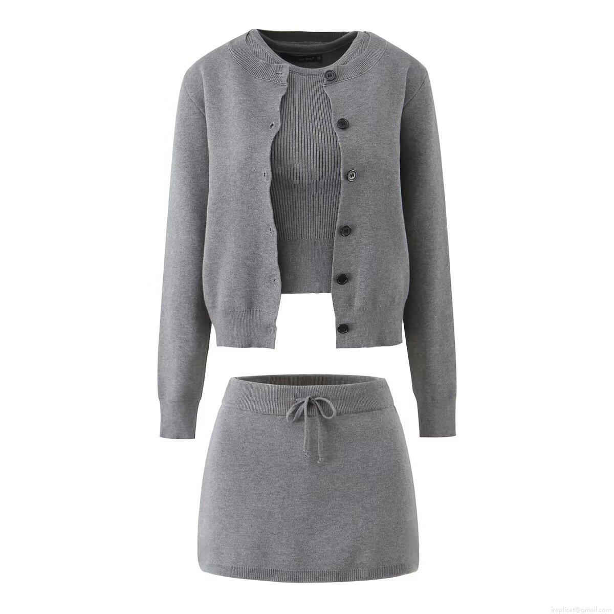 Women's 3-Piece Knit Set 100% Acrylic Ribbed Cardigan Sleeveless Round Neck Crop Top And Drawstring High Waist Mini Skirt Grey Solid Casual Outfits