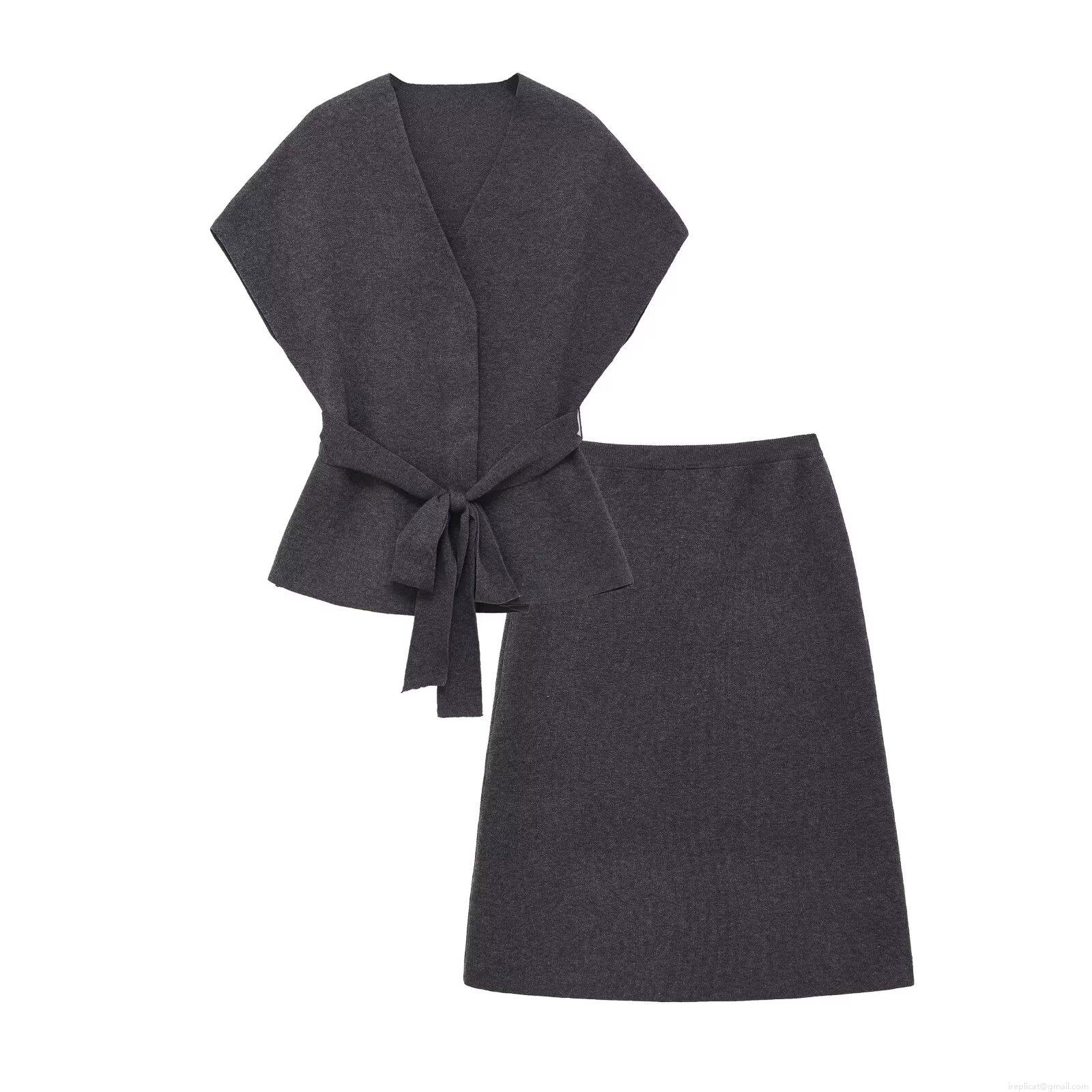 Women's 2 Piece Knitted Skirt Set Sleeveless V-Neck Belted Vest And A-Line Midi Skirt Solid Color Polyester Commuting Casual Streetwear